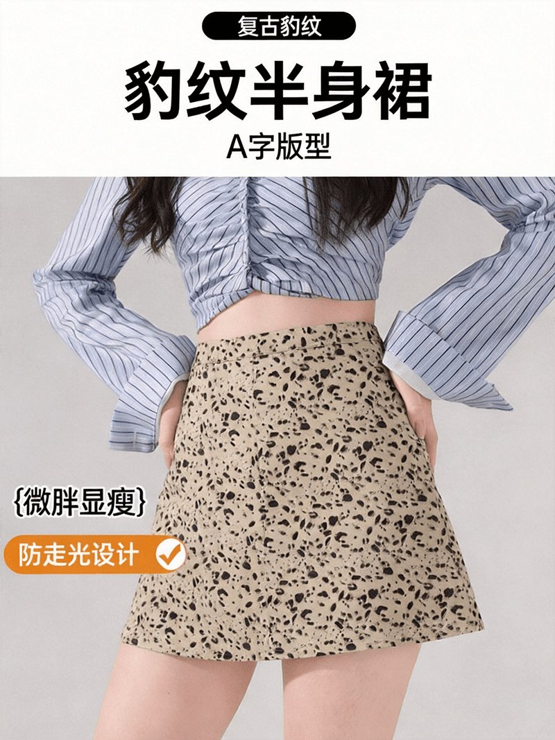 빅 사이즈 여성 의류 레오파드 무늬 한 마디 반신 스커트 여성 여름 얇은 스타일 하이웨이스트 슬림해 보이는 노출 방지 미니 스커트 출퇴근 착용 가져 가라. 치마 상세 이미지 1