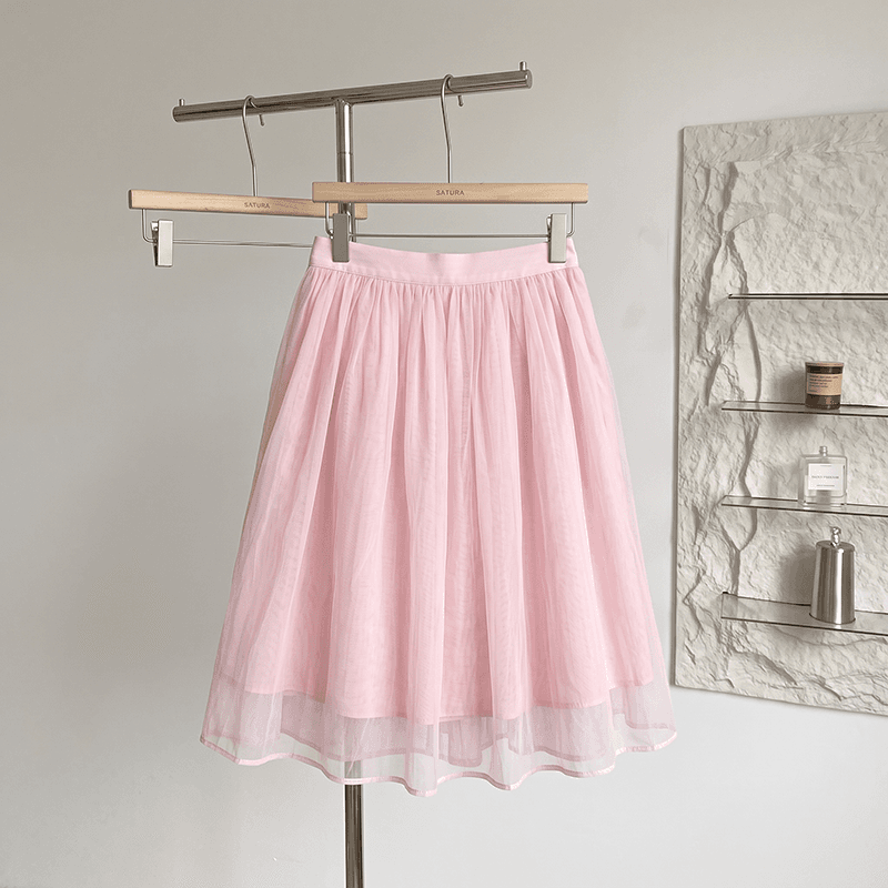 실사 빅 사이즈 여성 의류 부드러운 핑크색 Tulle 반신 스커트 여성 슬림해 보이는 루즈핏 우산 치마 표지 넓적 다리 다용도 한 마디 중간 스커트 이미지 3