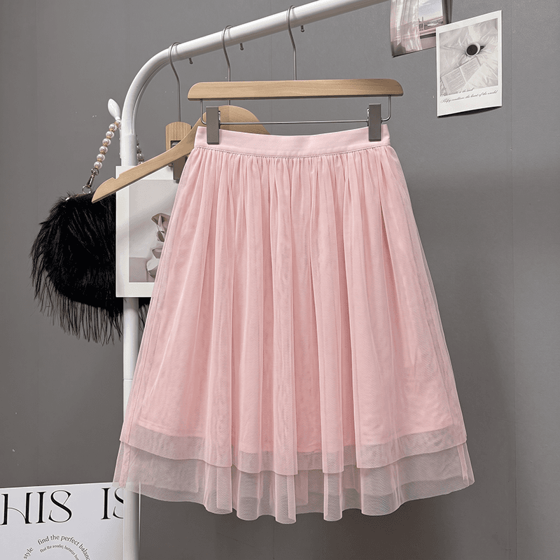 실사 빅 사이즈 여성 의류 부드러운 핑크색 Tulle 반신 스커트 여성 슬림해 보이는 루즈핏 우산 치마 표지 넓적 다리 다용도 한 마디 중간 스커트 상세 이미지 4