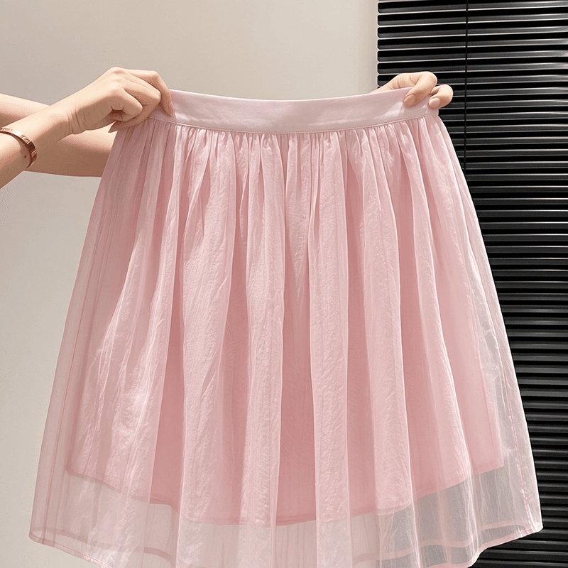 실사 빅 사이즈 여성 의류 부드러운 핑크색 Tulle 반신 스커트 여성 슬림해 보이는 루즈핏 우산 치마 표지 넓적 다리 다용도 한 마디 중간 스커트 상세 이미지 6