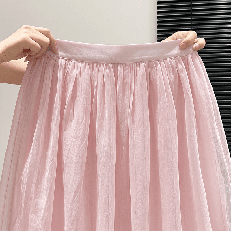 실사 빅 사이즈 여성 의류 부드러운 핑크색 Tulle 반신 스커트 여성 슬림해 보이는 루즈핏 우산 치마 표지 넓적 다리 다용도 한 마디 중간 스커트 상세 이미지 8