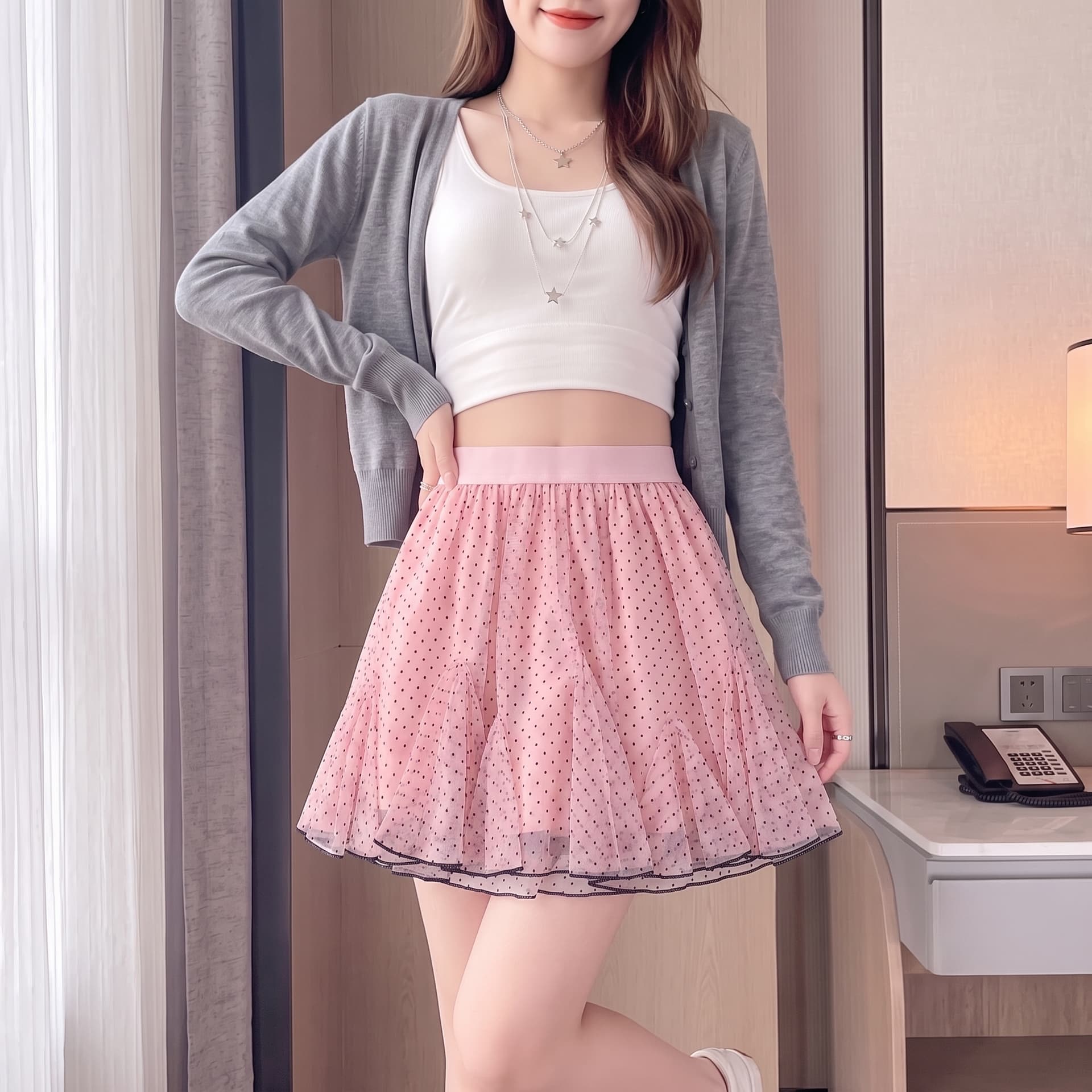실사 달콤함 핑크색 프릴 도트 무늬 반신 스커트 여성 여름 하이웨이스트 퍼프 케이크 미니 스커트