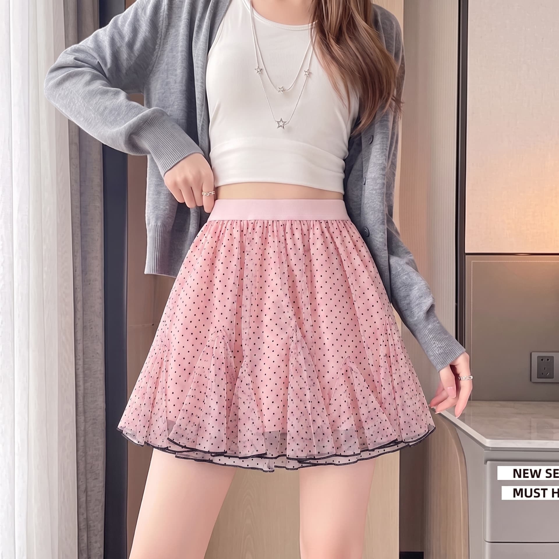 실사 달콤함 핑크색 프릴 도트 무늬 반신 스커트 여성 여름 하이웨이스트 퍼프 케이크 미니 스커트 상세 이미지 6