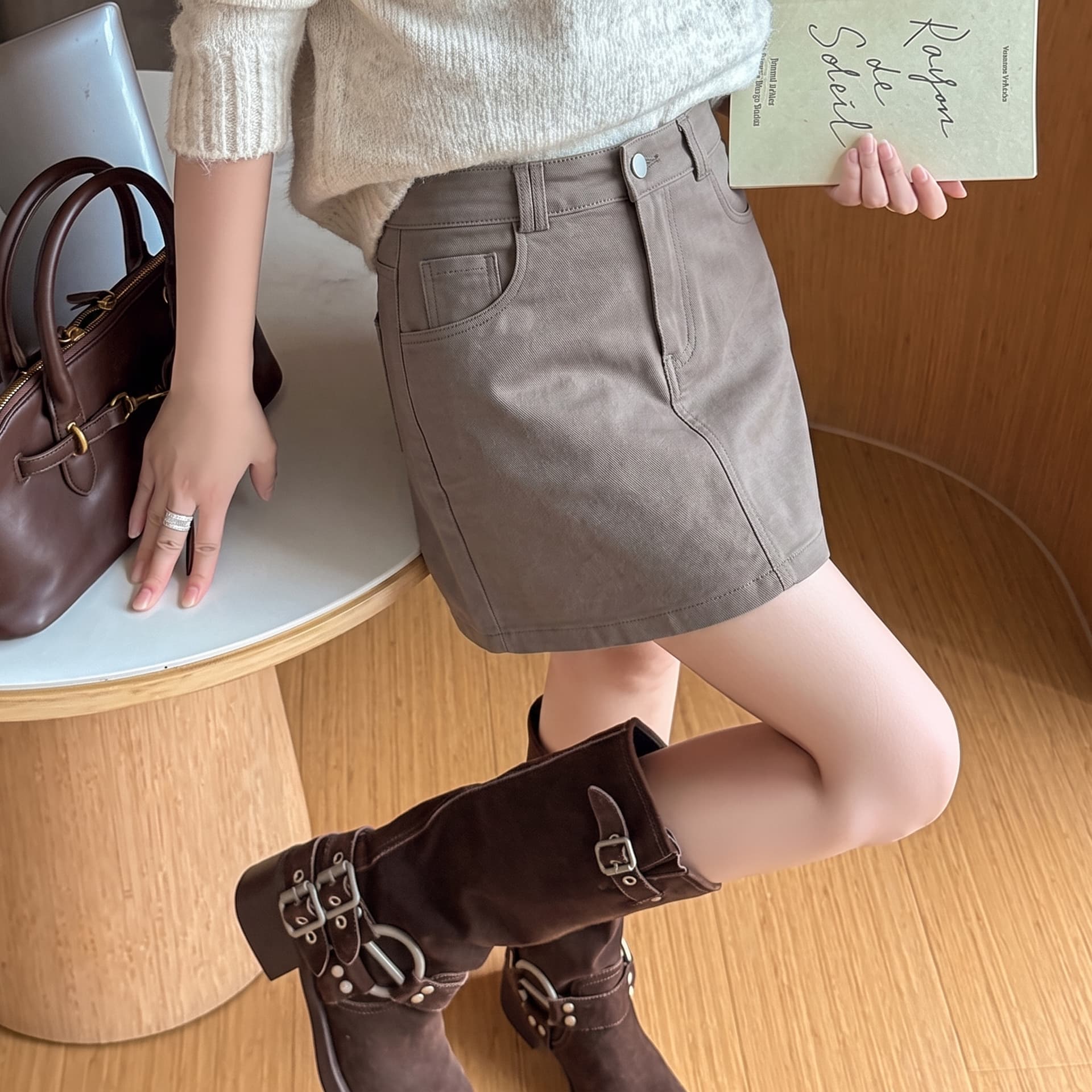 실사 핫걸 카키 색 정장 치마바지 지방 mm 반신 스커트 여성 신축성 노출 방지 한 마디 미니 스커트 상세 이미지 8