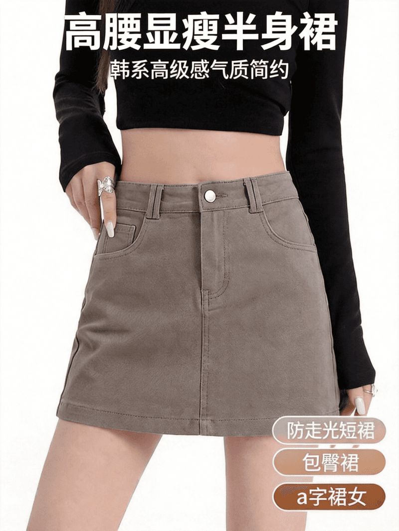 실사 핫걸 카키 색 정장 치마바지 지방 mm 반신 스커트 여성 신축성 노출 방지 한 마디 미니 스커트 상세 이미지 3