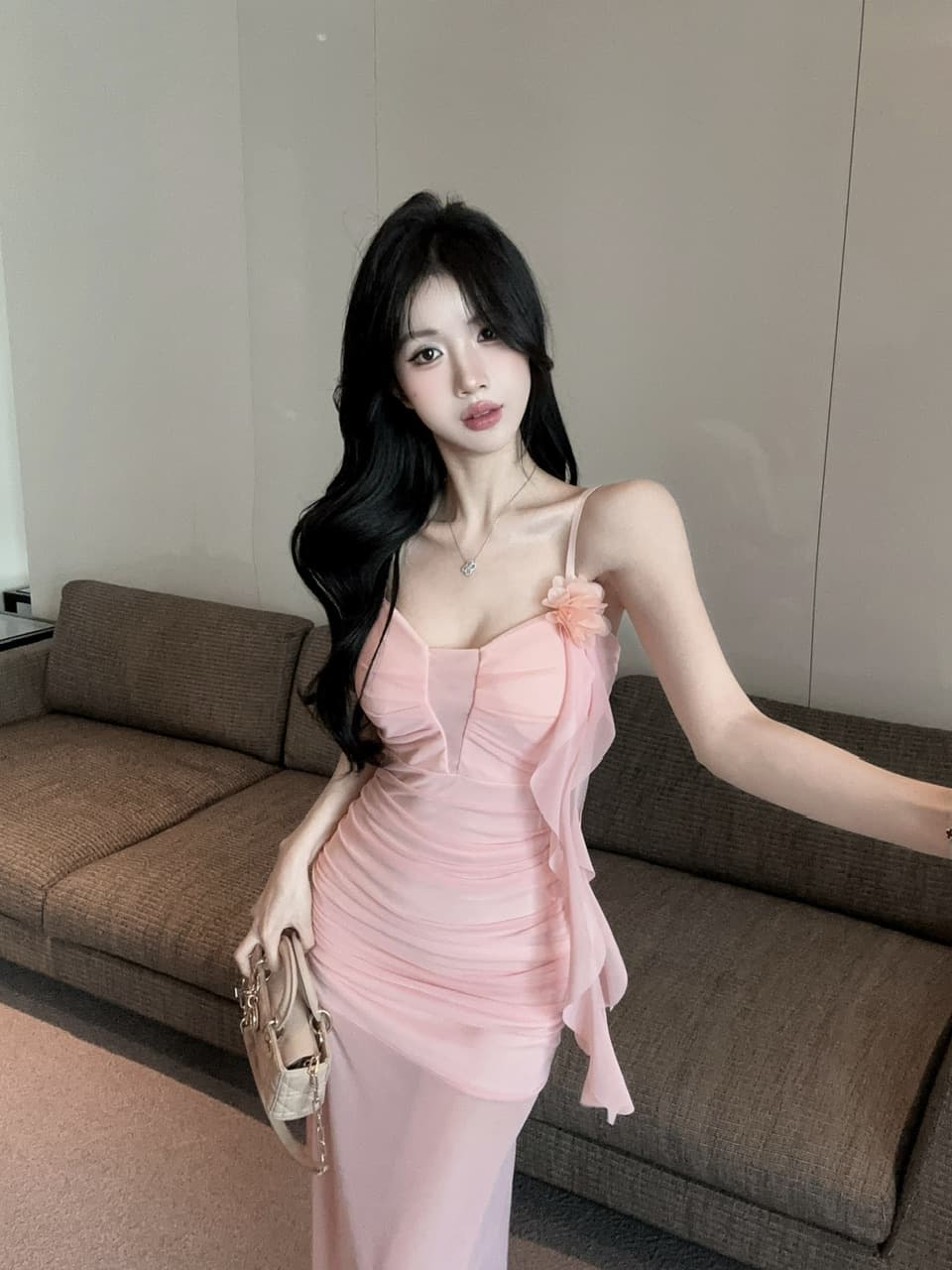 실사 섹시함 낮은 가슴 홀로우 아웃 슬립 롱 코트 망사 드레스 복장 상세 이미지 1
