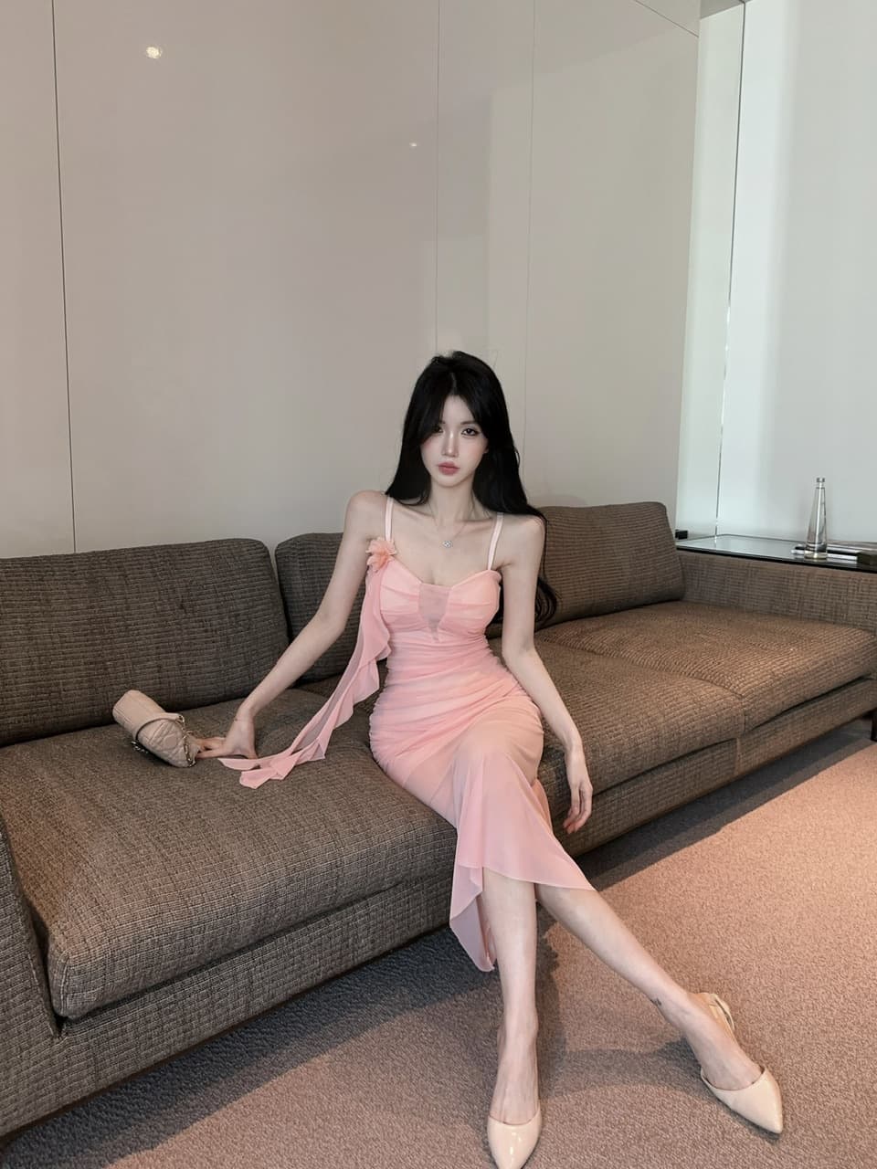 실사 섹시함 낮은 가슴 홀로우 아웃 슬립 롱 코트 망사 드레스 복장 상세 이미지 3