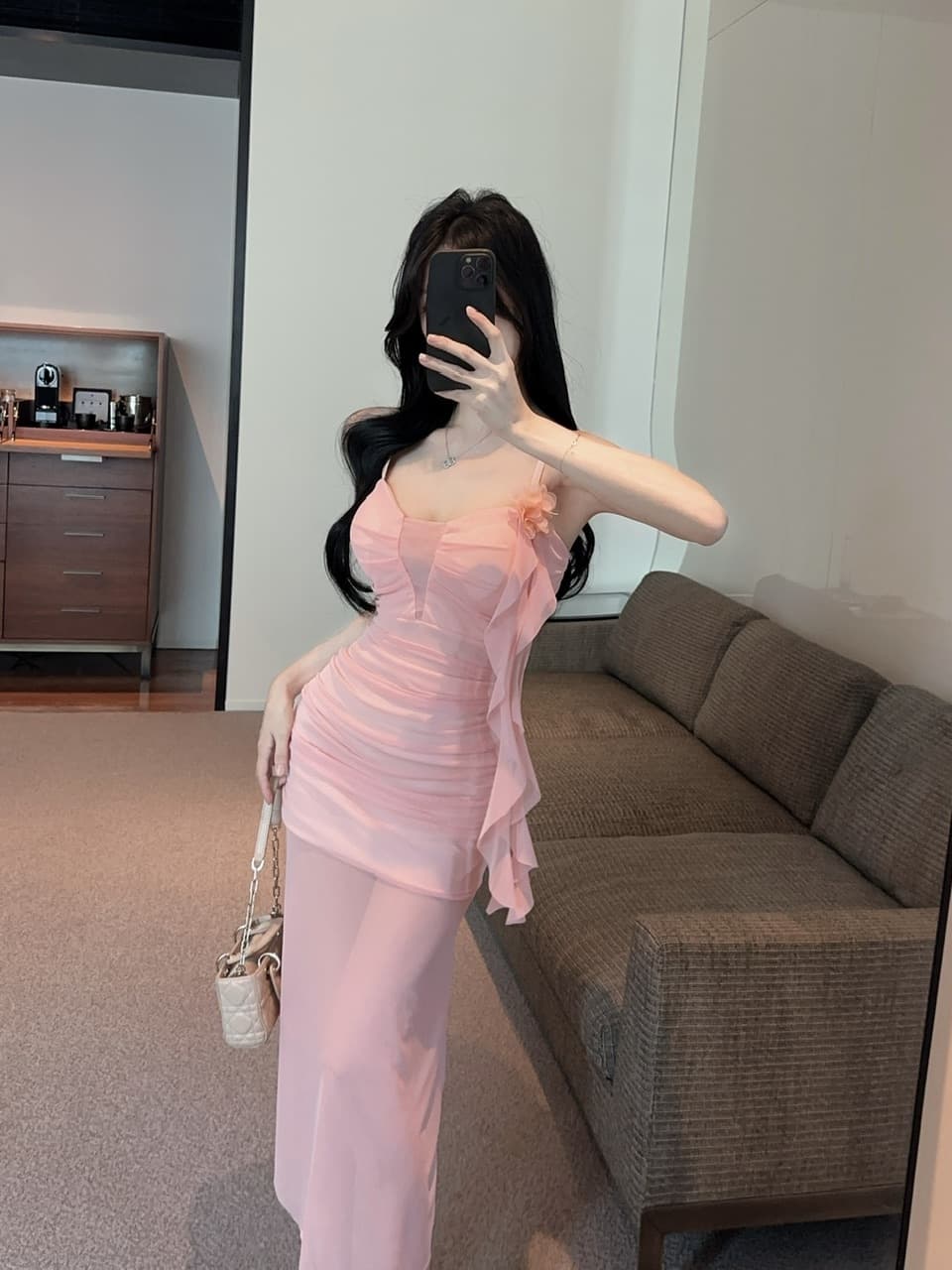 실사 섹시함 낮은 가슴 홀로우 아웃 슬립 롱 코트 망사 드레스 복장 상세 이미지 8