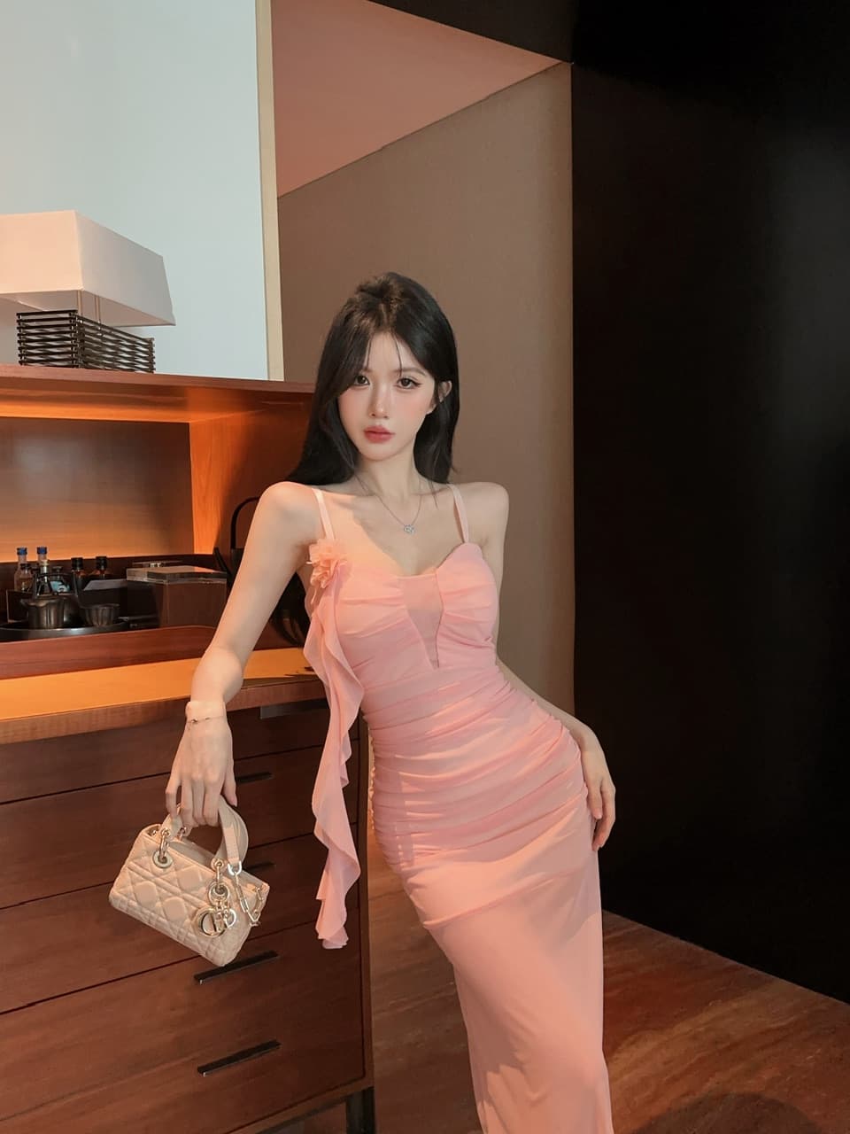 실사 섹시함 낮은 가슴 홀로우 아웃 슬립 롱 코트 망사 드레스 복장 상세 이미지 10