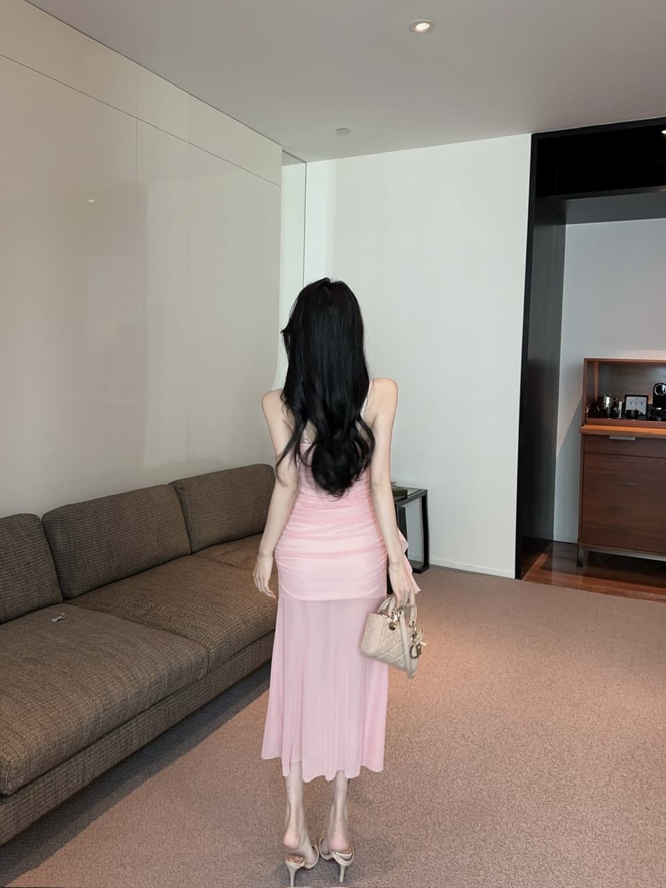 실사 섹시함 낮은 가슴 홀로우 아웃 슬립 롱 코트 망사 드레스 복장 상세 이미지 12