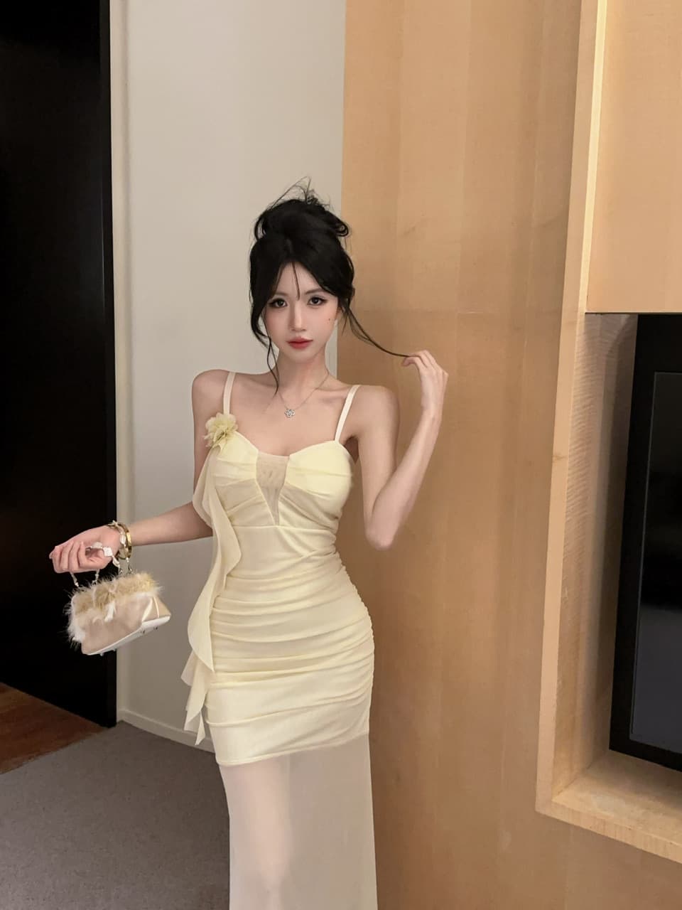실사 섹시함 낮은 가슴 홀로우 아웃 슬립 롱 코트 망사 드레스 복장 상세 이미지 16