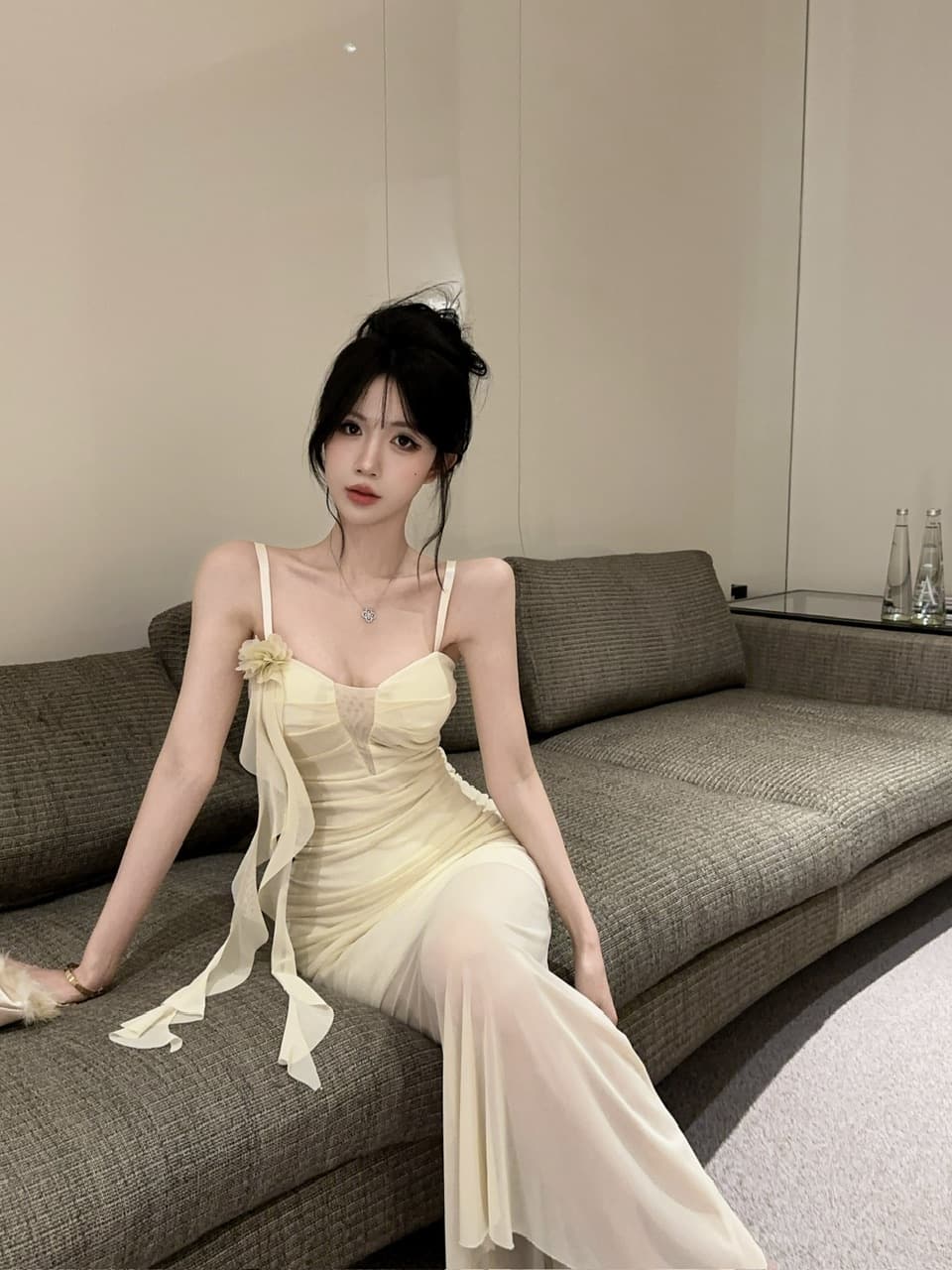 실사 섹시함 낮은 가슴 홀로우 아웃 슬립 롱 코트 망사 드레스 복장 상세 이미지 19