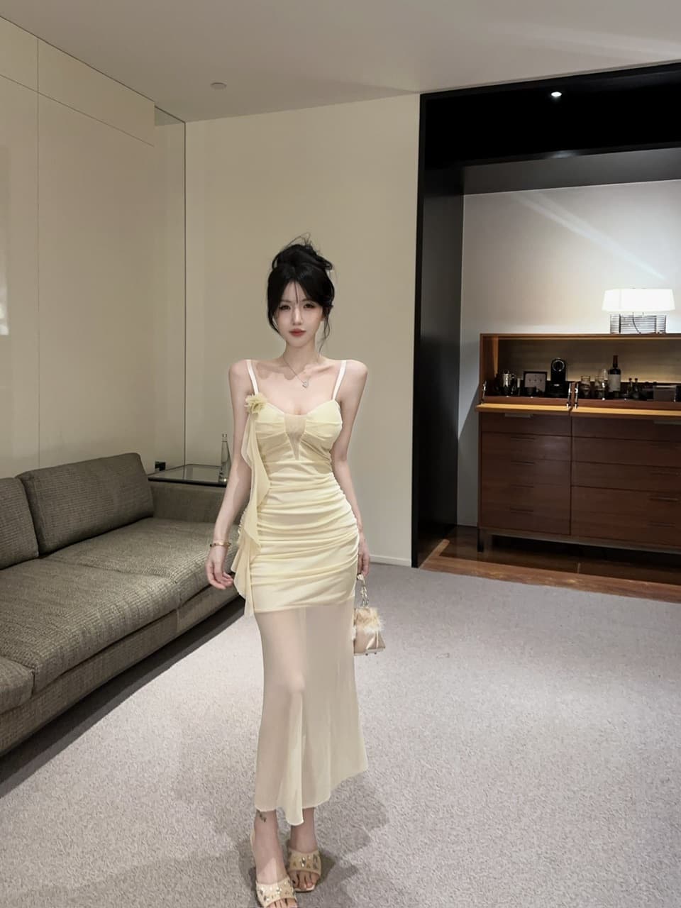 실사 섹시함 낮은 가슴 홀로우 아웃 슬립 롱 코트 망사 드레스 복장 상세 이미지 20