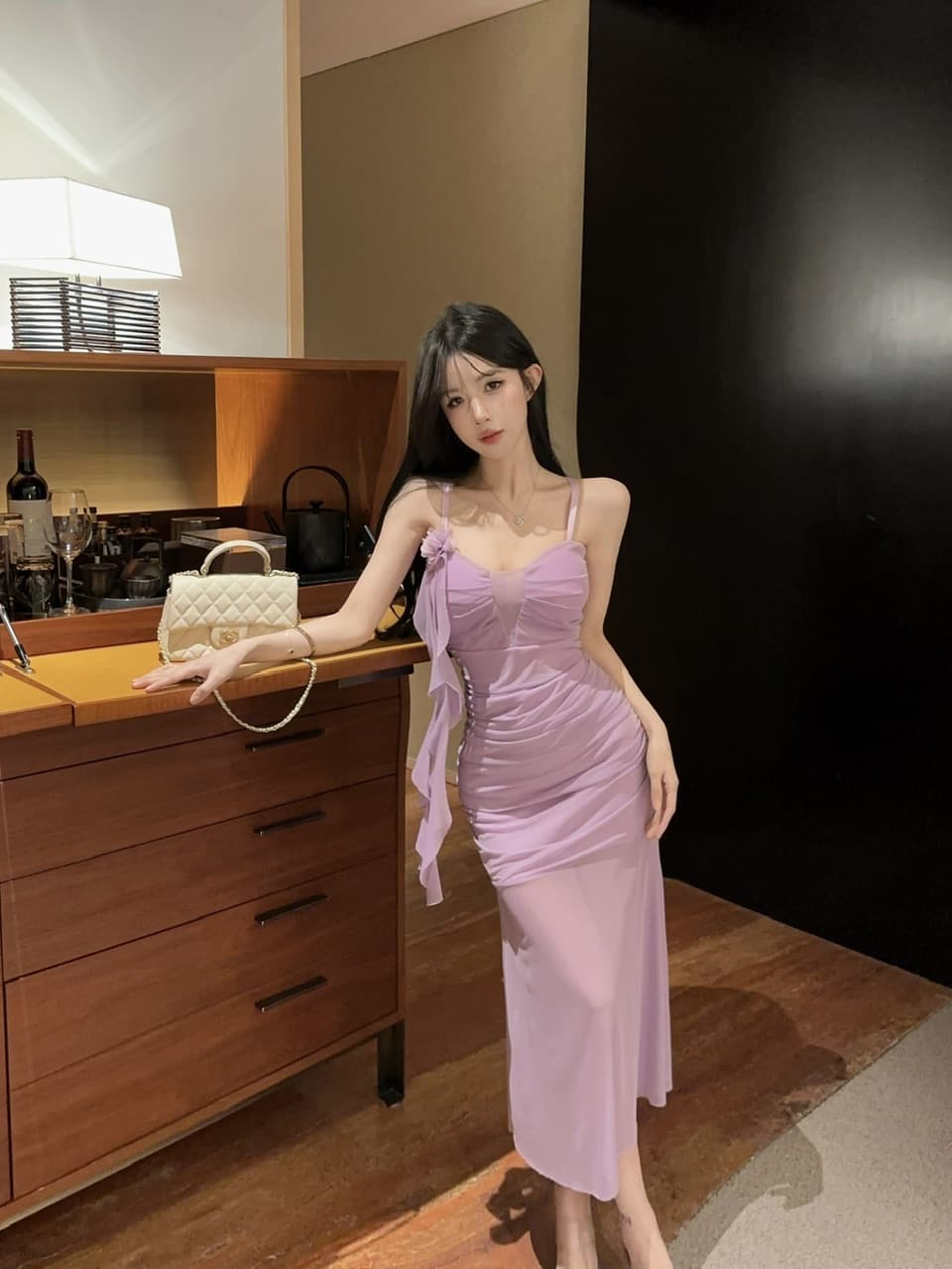 실사 섹시함 낮은 가슴 홀로우 아웃 슬립 롱 코트 망사 드레스 복장 상세 이미지 25