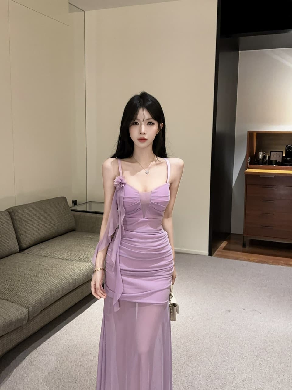 실사 섹시함 낮은 가슴 홀로우 아웃 슬립 롱 코트 망사 드레스 복장 상세 이미지 26