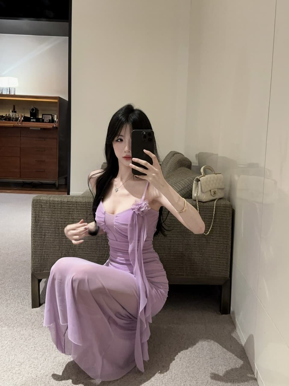 실사 섹시함 낮은 가슴 홀로우 아웃 슬립 롱 코트 망사 드레스 복장 상세 이미지 30