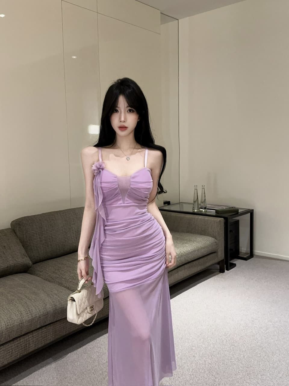 실사 섹시함 낮은 가슴 홀로우 아웃 슬립 롱 코트 망사 드레스 복장 상세 이미지 34
