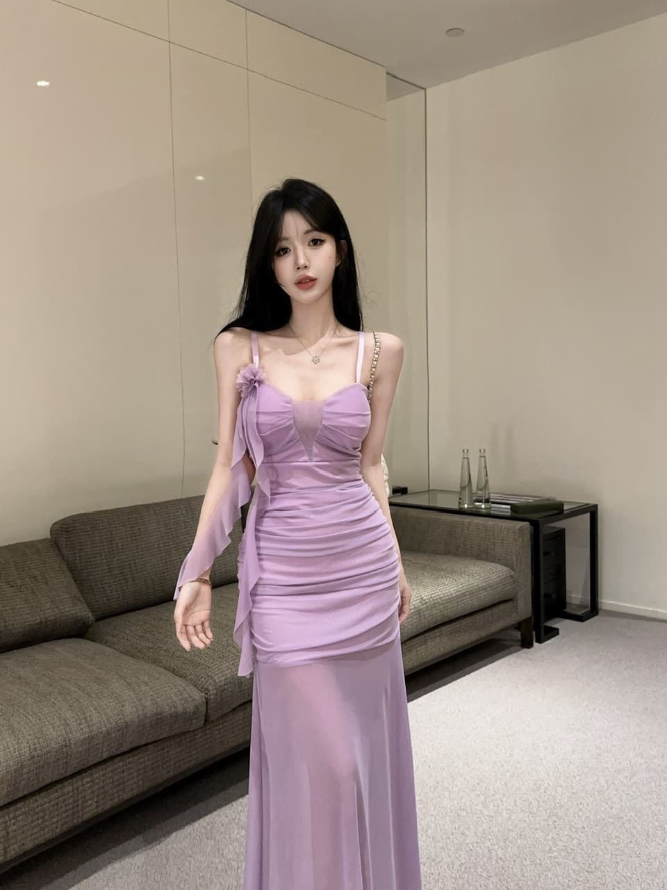 실사 섹시함 낮은 가슴 홀로우 아웃 슬립 롱 코트 망사 드레스 복장 상세 이미지 36
