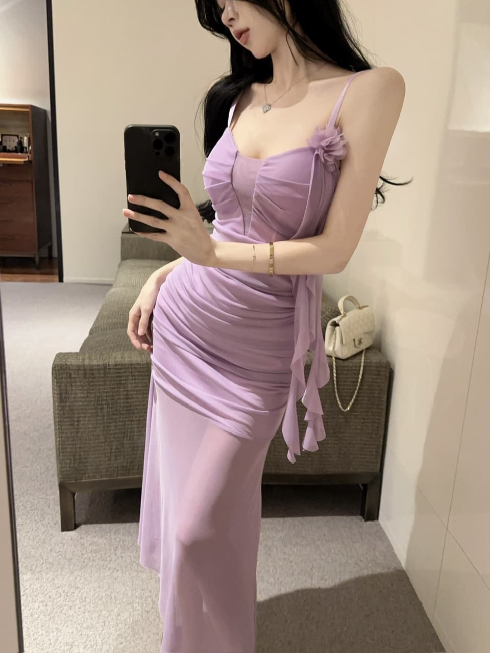 실사 섹시함 낮은 가슴 홀로우 아웃 슬립 롱 코트 망사 드레스 복장 상세 이미지 39