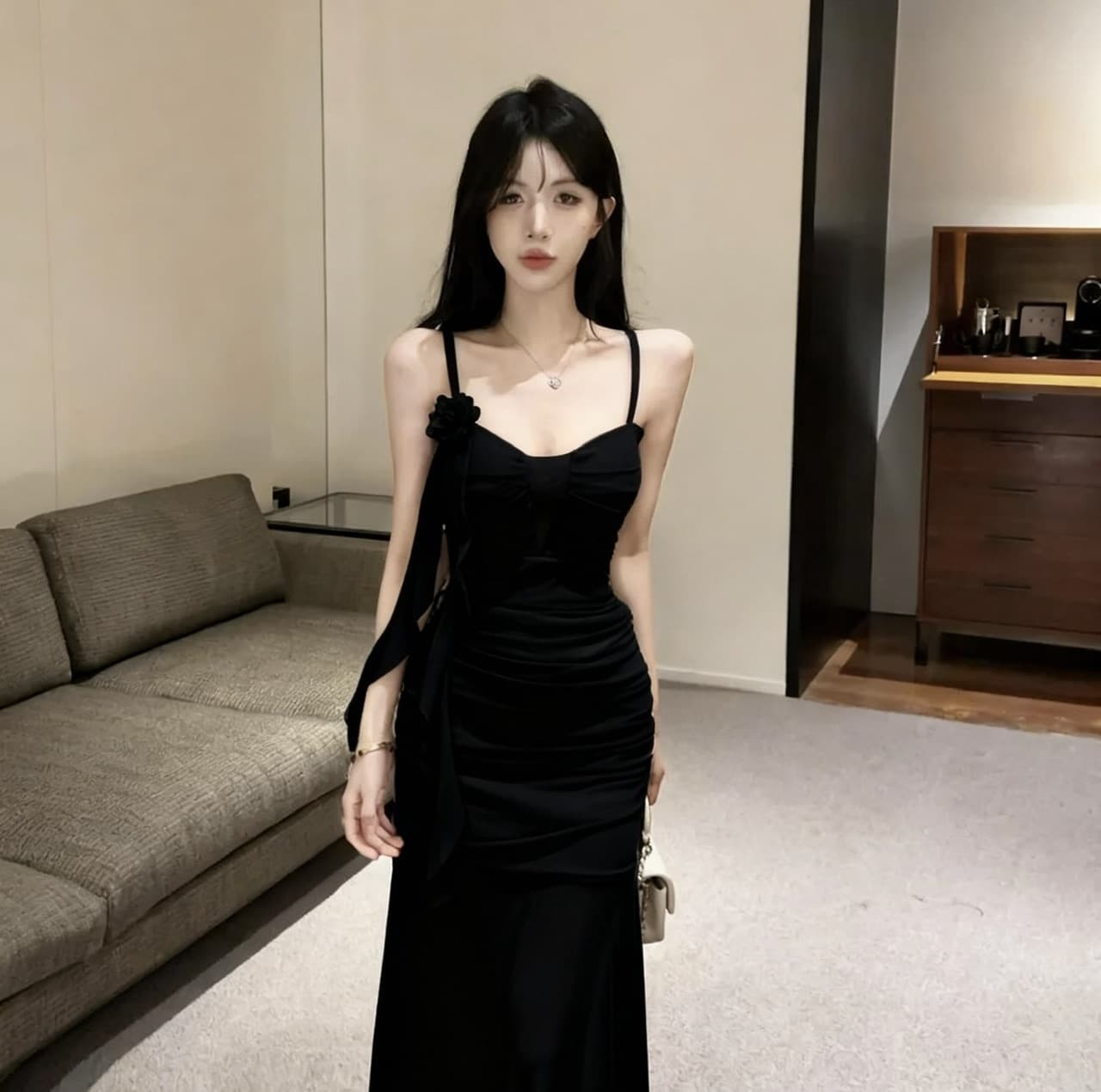 실사 섹시함 낮은 가슴 홀로우 아웃 슬립 롱 코트 망사 드레스 복장 상세 이미지 46