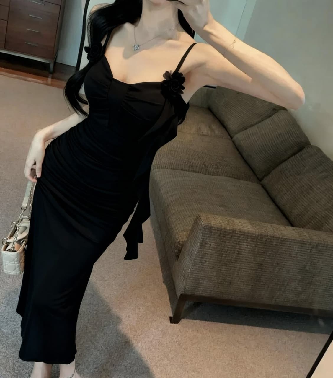 실사 섹시함 낮은 가슴 홀로우 아웃 슬립 롱 코트 망사 드레스 복장 상세 이미지 48