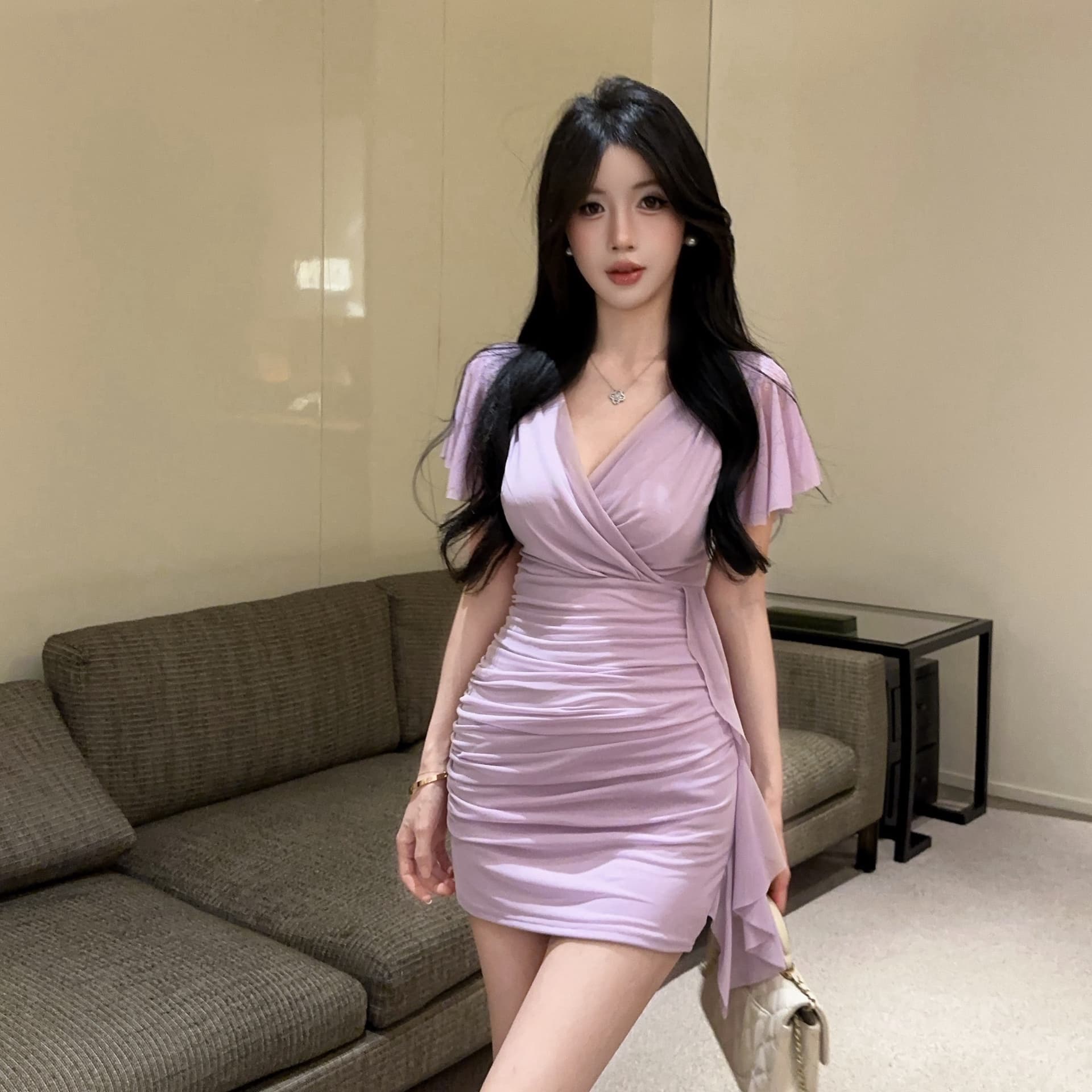 실사 망사 Feifei 소매 타이트 스커트 타이트 술 패치워크 드레스 복장