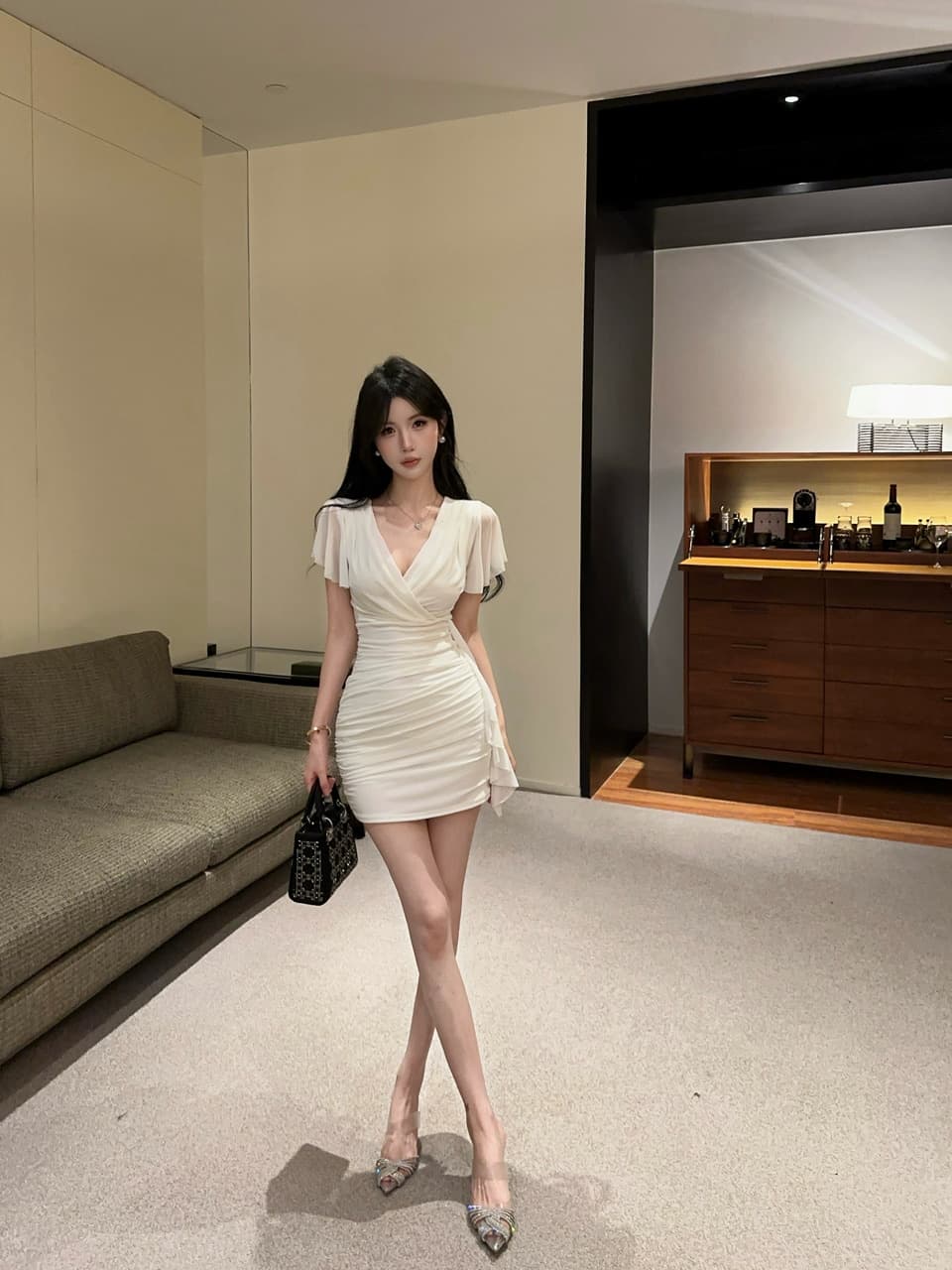 실사 망사 Feifei 소매 타이트 스커트 타이트 술 패치워크 드레스 복장 상세 이미지 4