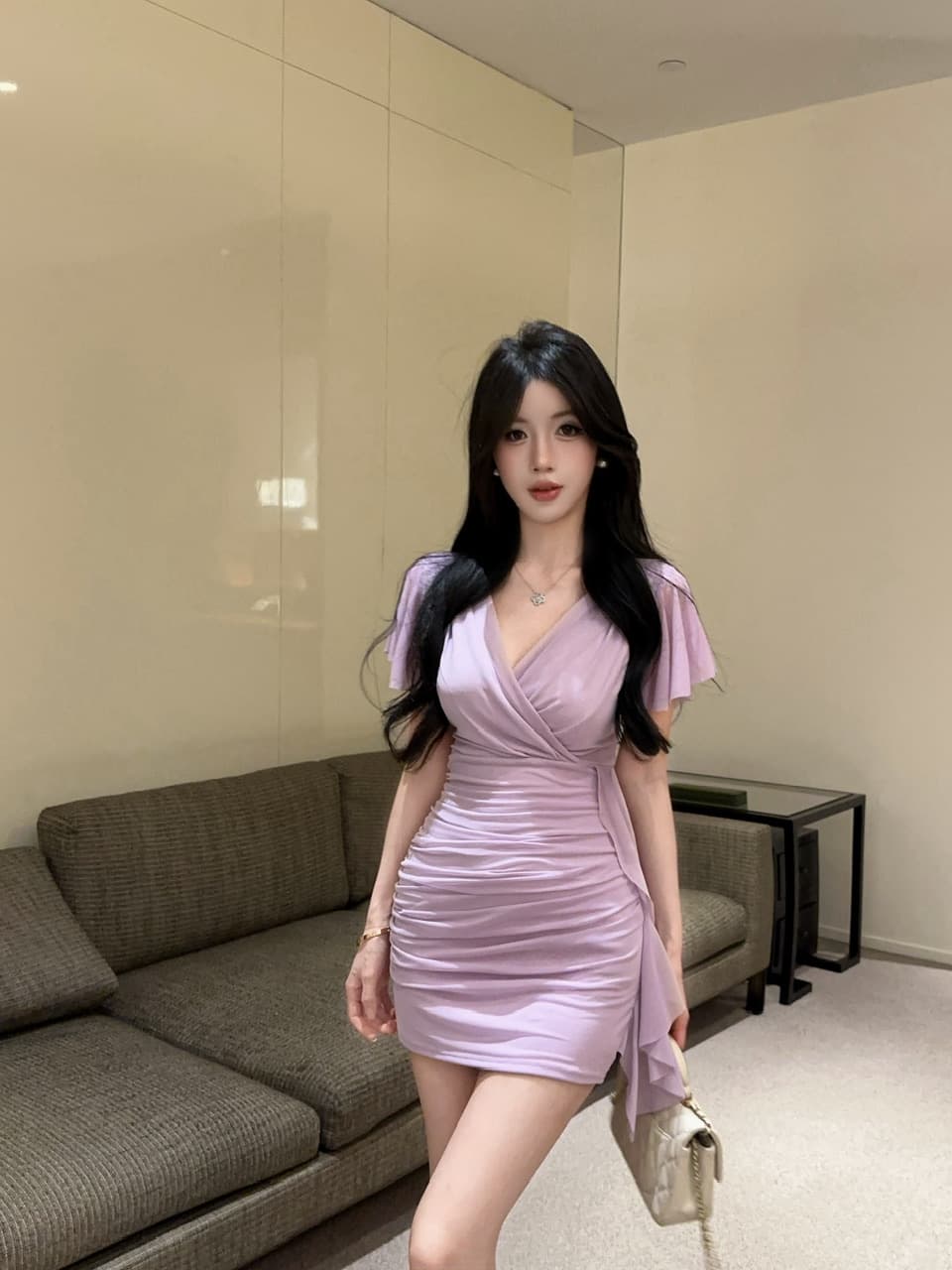실사 망사 Feifei 소매 타이트 스커트 타이트 술 패치워크 드레스 복장 상세 이미지 6