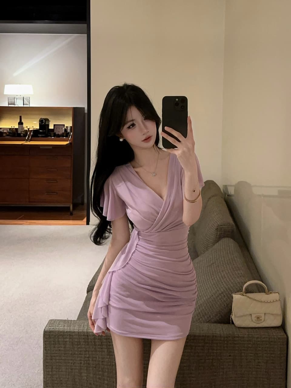 실사 망사 Feifei 소매 타이트 스커트 타이트 술 패치워크 드레스 복장 상세 이미지 7