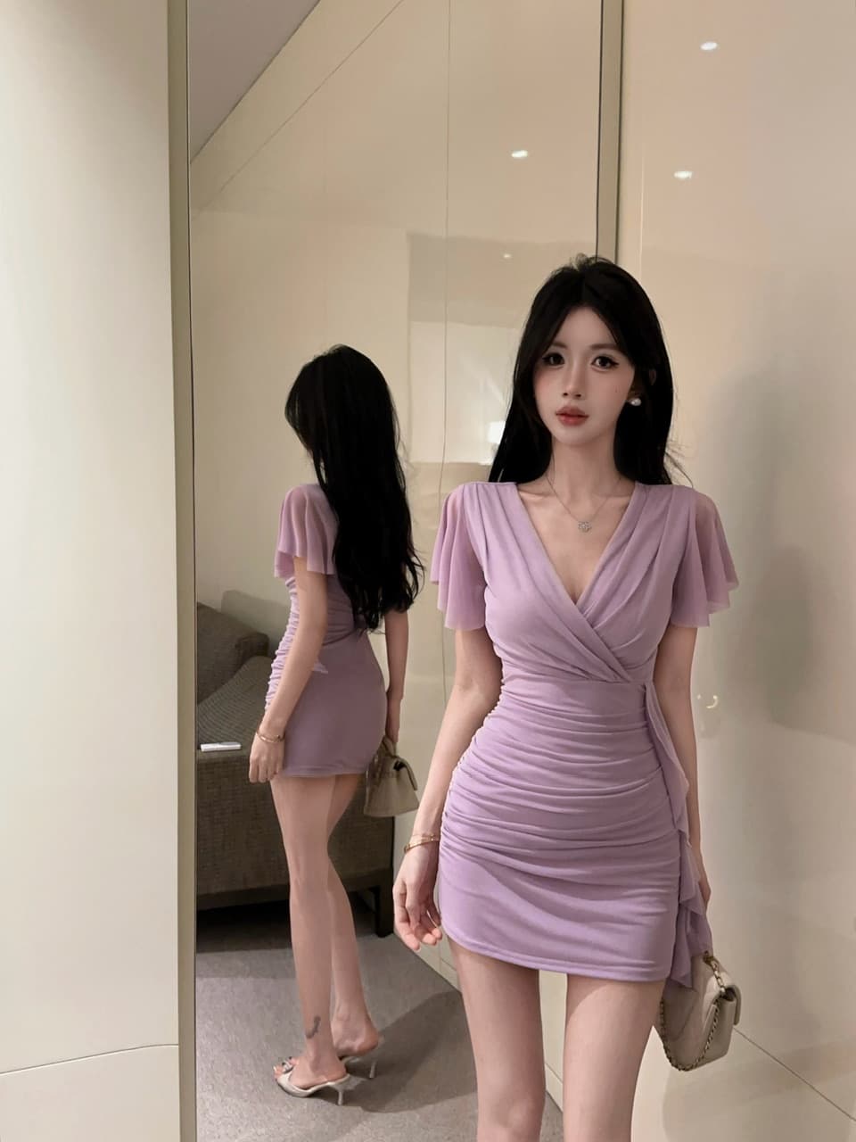 실사 망사 Feifei 소매 타이트 스커트 타이트 술 패치워크 드레스 복장 상세 이미지 10