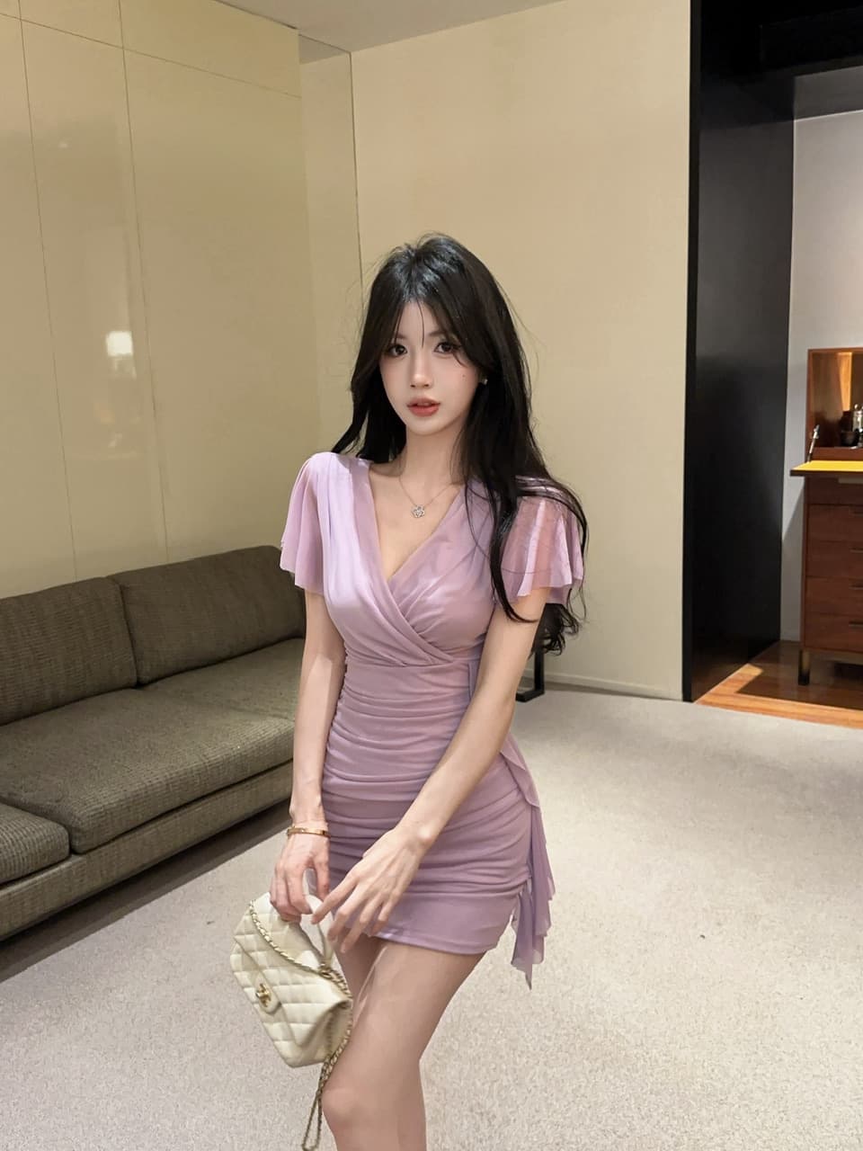 실사 망사 Feifei 소매 타이트 스커트 타이트 술 패치워크 드레스 복장 상세 이미지 12