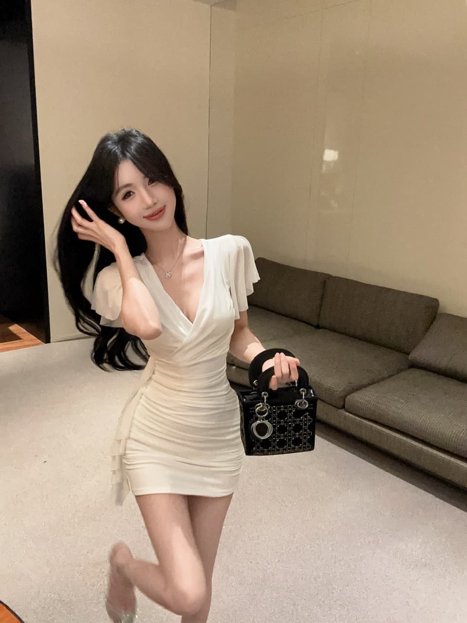 실사 망사 Feifei 소매 타이트 스커트 타이트 술 패치워크 드레스 복장 상세 이미지 16