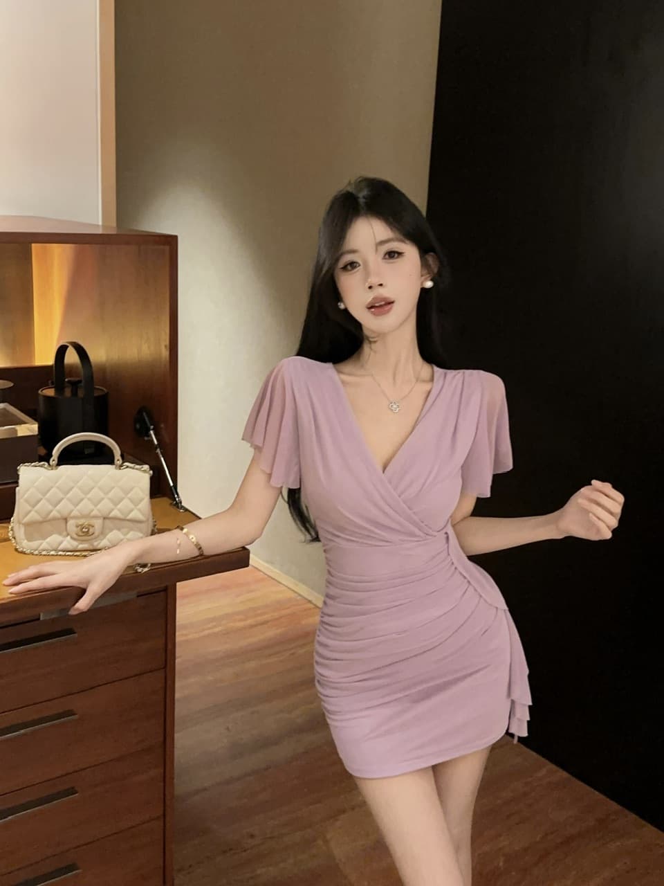 실사 망사 Feifei 소매 타이트 스커트 타이트 술 패치워크 드레스 복장 상세 이미지 19