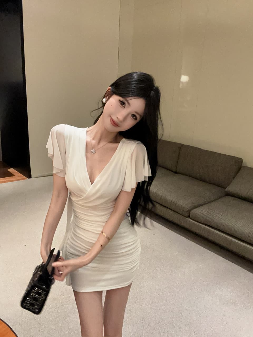 실사 망사 Feifei 소매 타이트 스커트 타이트 술 패치워크 드레스 복장 상세 이미지 20