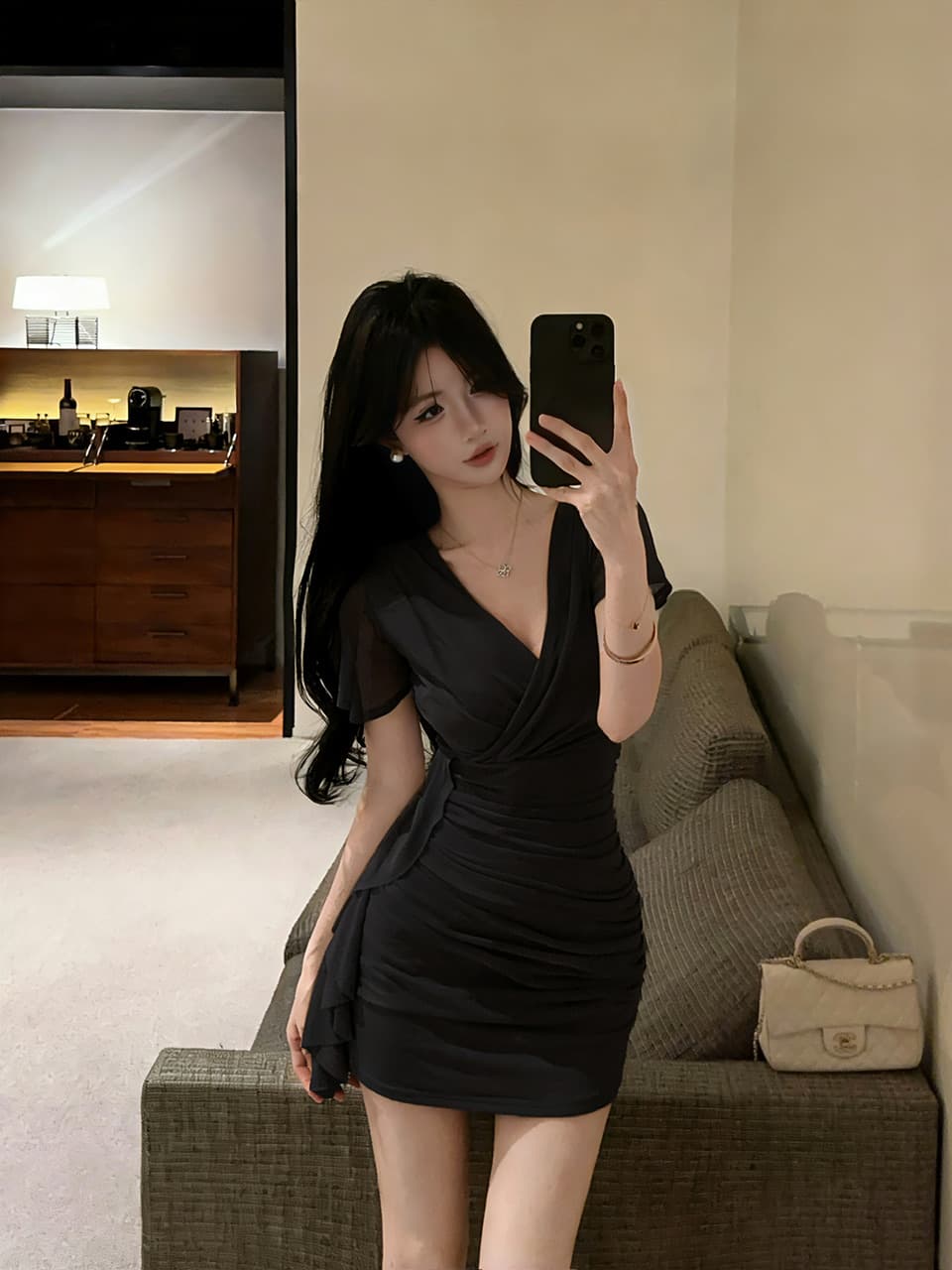 실사 망사 Feifei 소매 타이트 스커트 타이트 술 패치워크 드레스 복장 상세 이미지 25