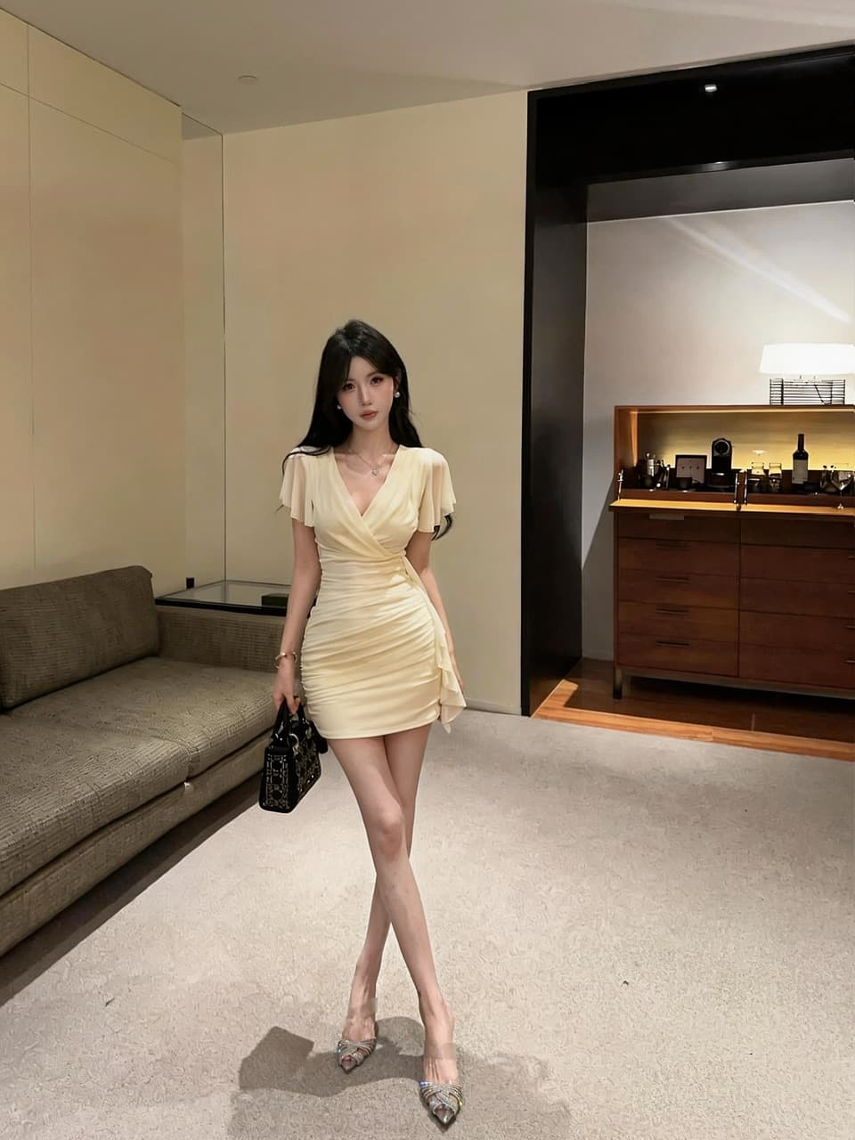 실사 망사 Feifei 소매 타이트 스커트 타이트 술 패치워크 드레스 복장 상세 이미지 31