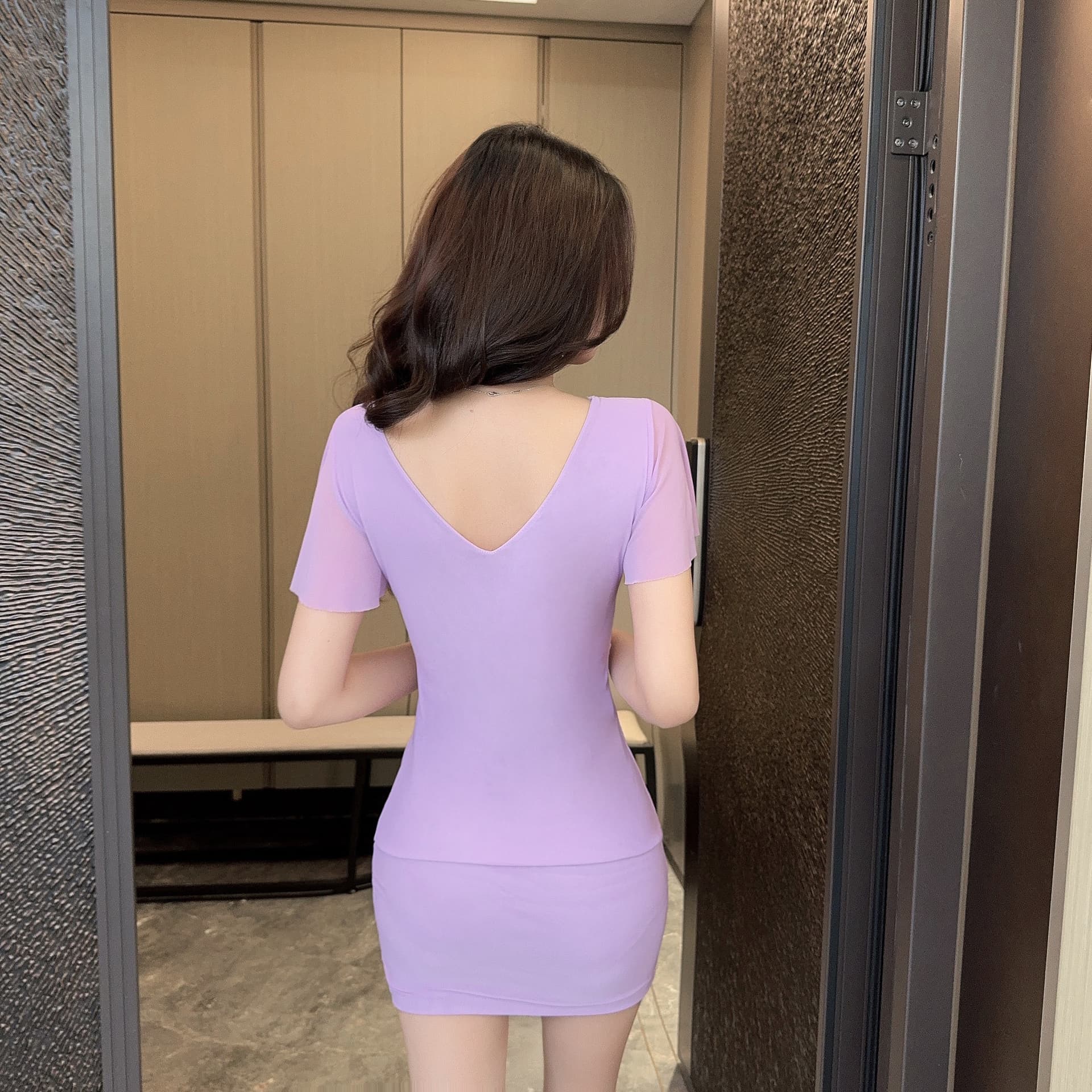실사 섹시함 반팔 페이크 레이어드 타이트 스커트 쇼트 스타일 망사 드레스 이미지 4