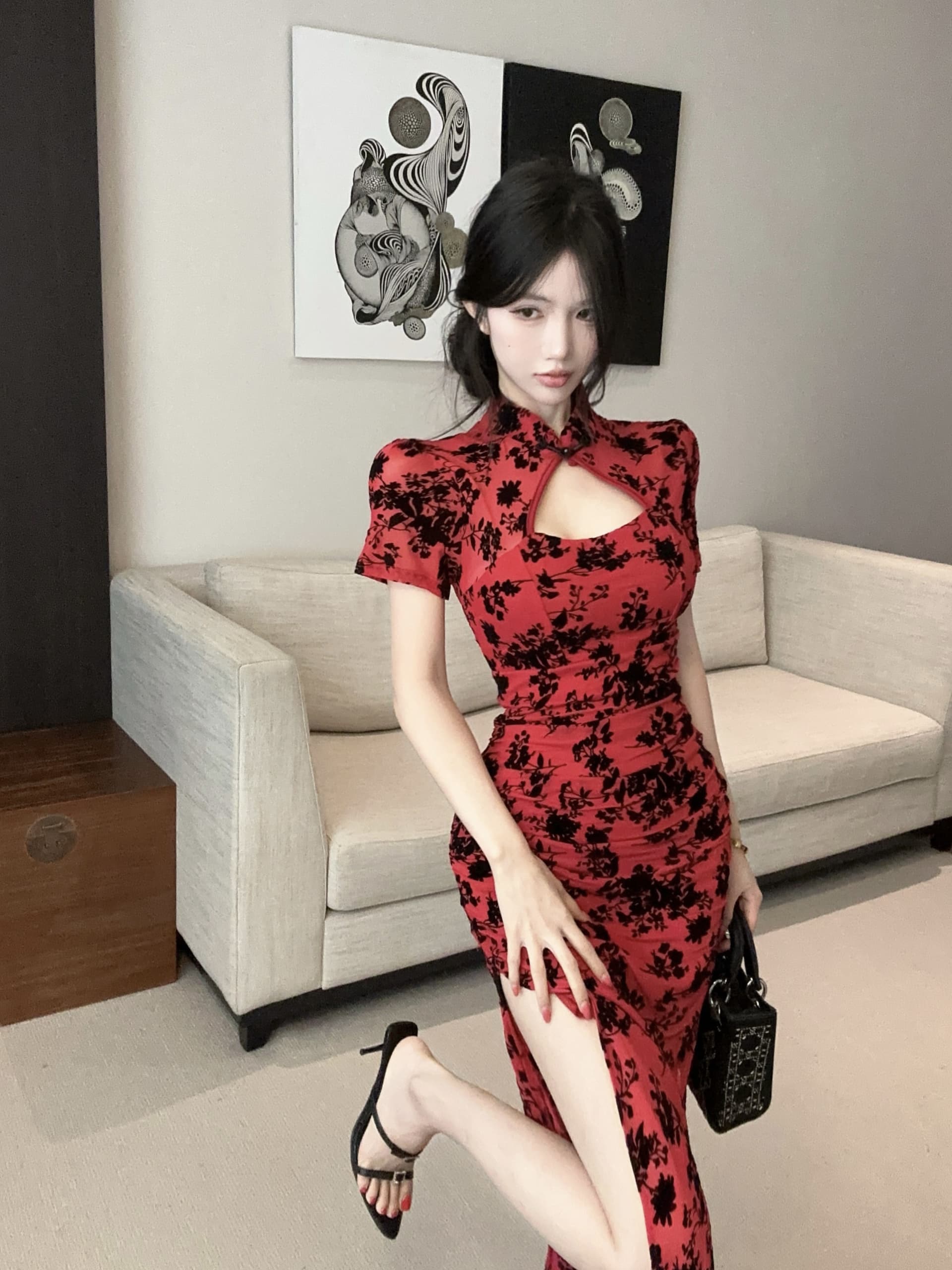실사 섹시함 식물 플러시 개선 치파오 드레스 상세 이미지 9