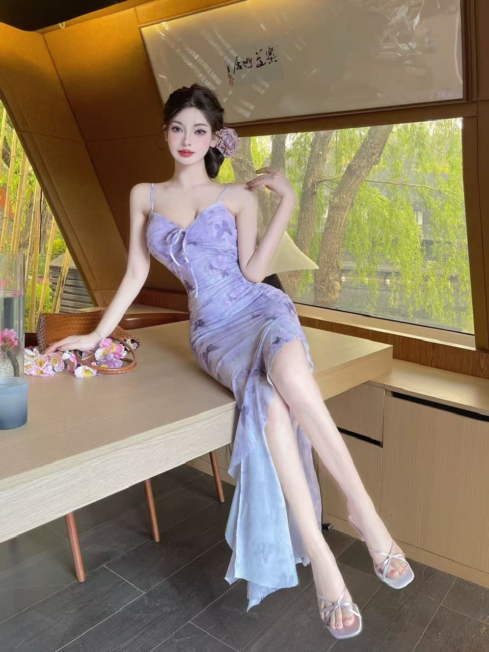 실사 섹시함 낮은 가슴 망사 프린트 슬립 드레스 상세 이미지 2
