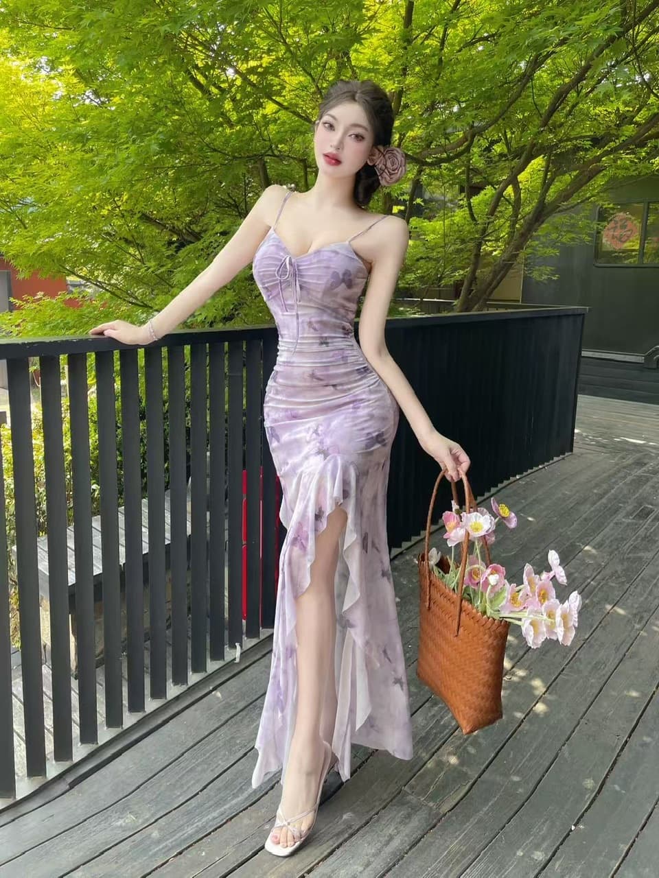 실사 섹시함 낮은 가슴 망사 프린트 슬립 드레스 상세 이미지 7
