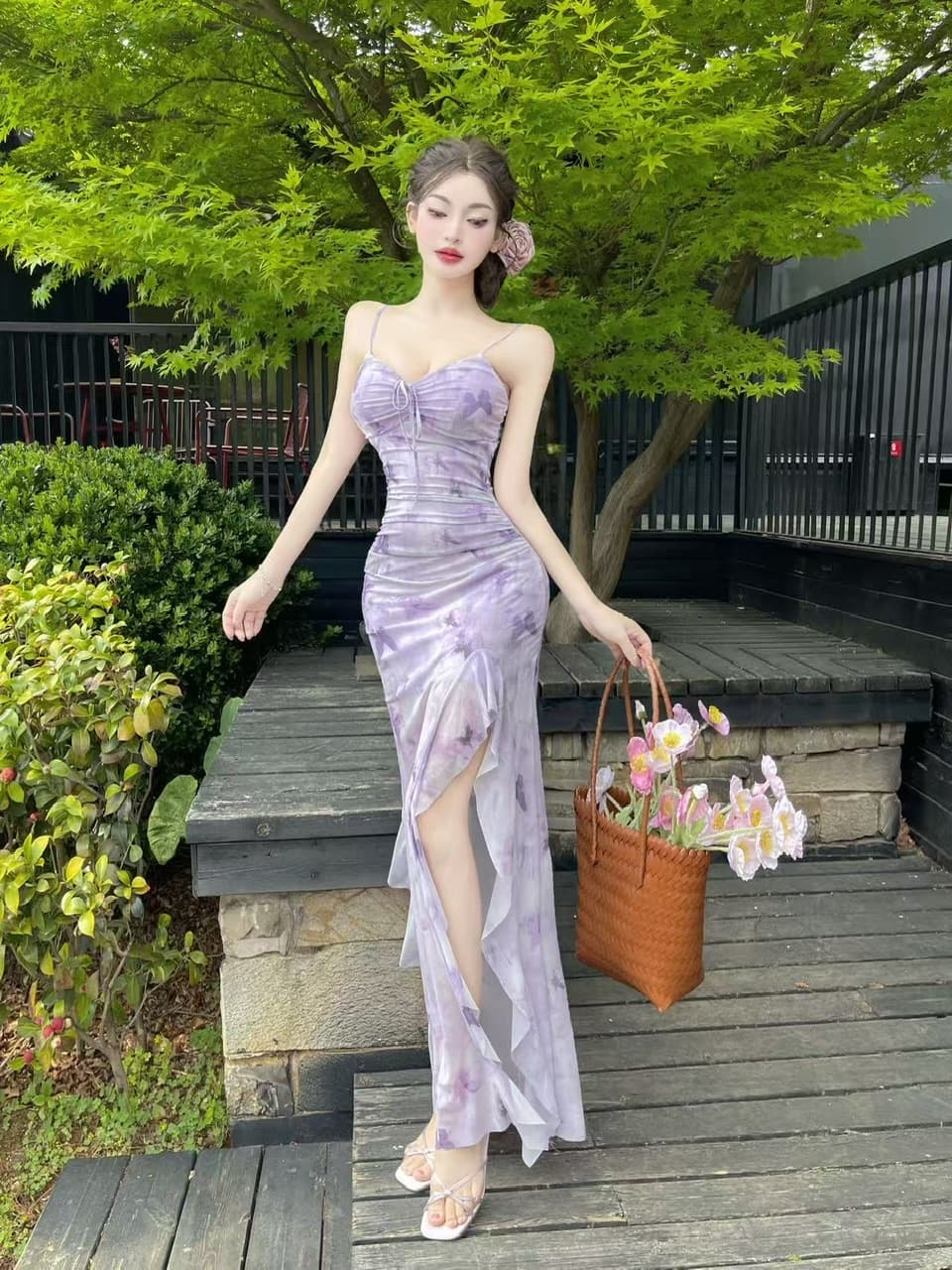 실사 섹시함 낮은 가슴 망사 프린트 슬립 드레스 상세 이미지 8