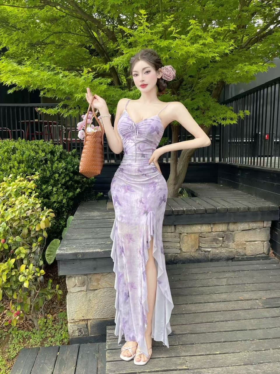 실사 섹시함 낮은 가슴 망사 프린트 슬립 드레스 상세 이미지 9