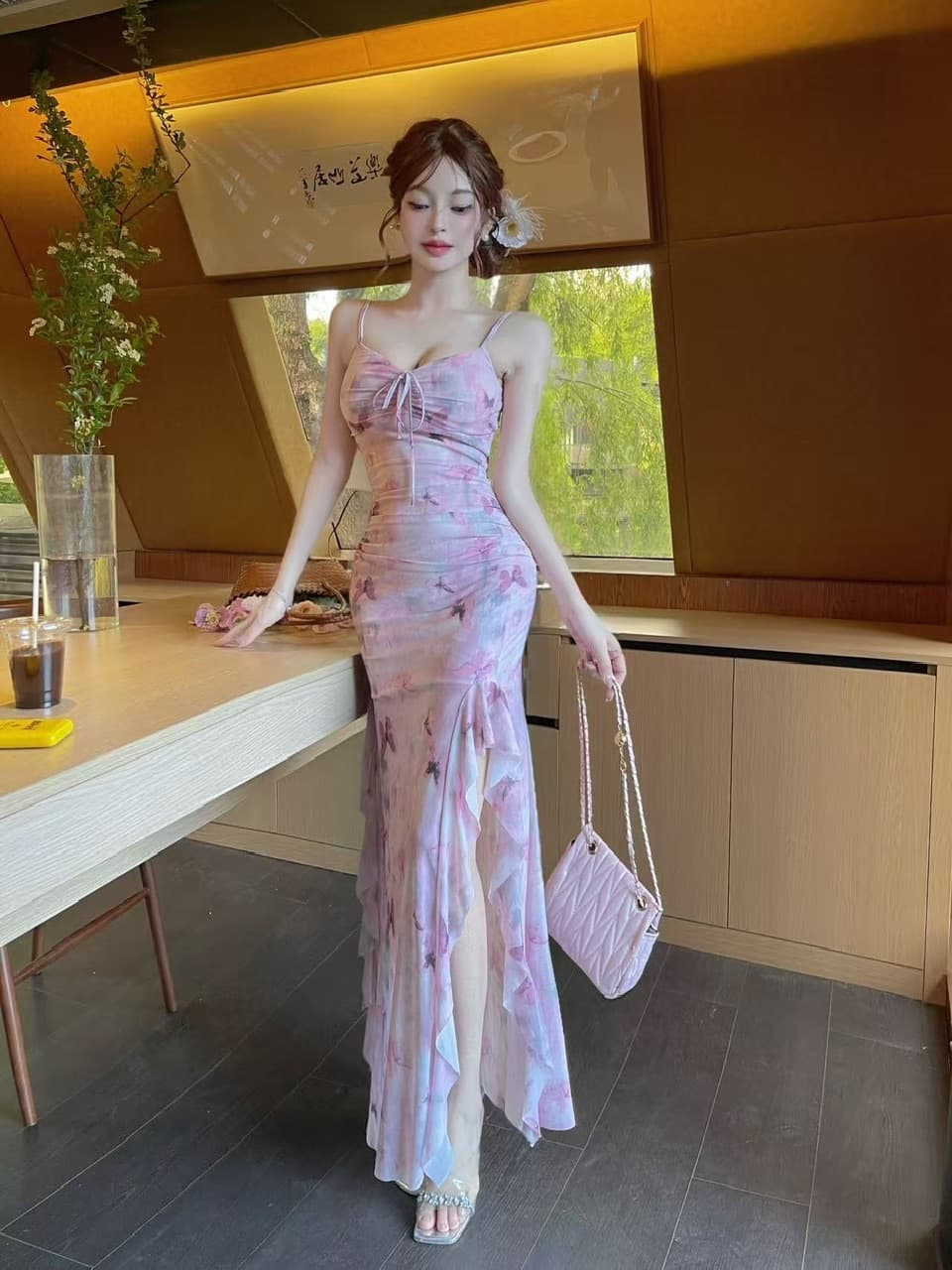 실사 섹시함 낮은 가슴 망사 프린트 슬립 드레스 상세 이미지 18