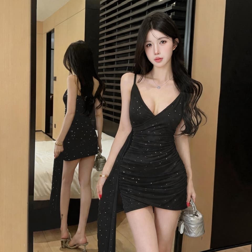 실사 섹시함 낮은 가슴 술 패치워크 망사 슬립 드레스 이미지 5