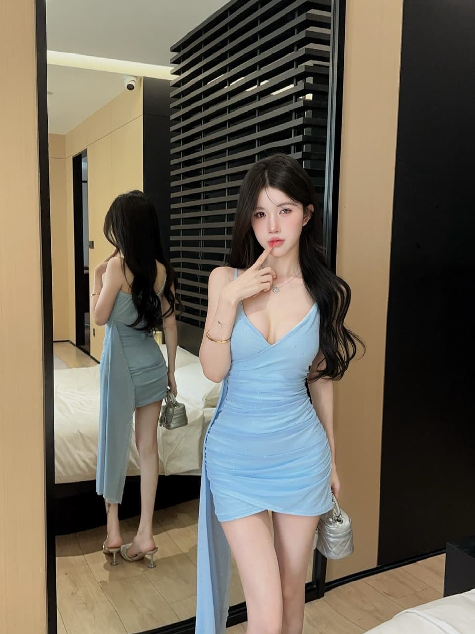 실사 섹시함 낮은 가슴 술 패치워크 망사 슬립 드레스 상세 이미지 4