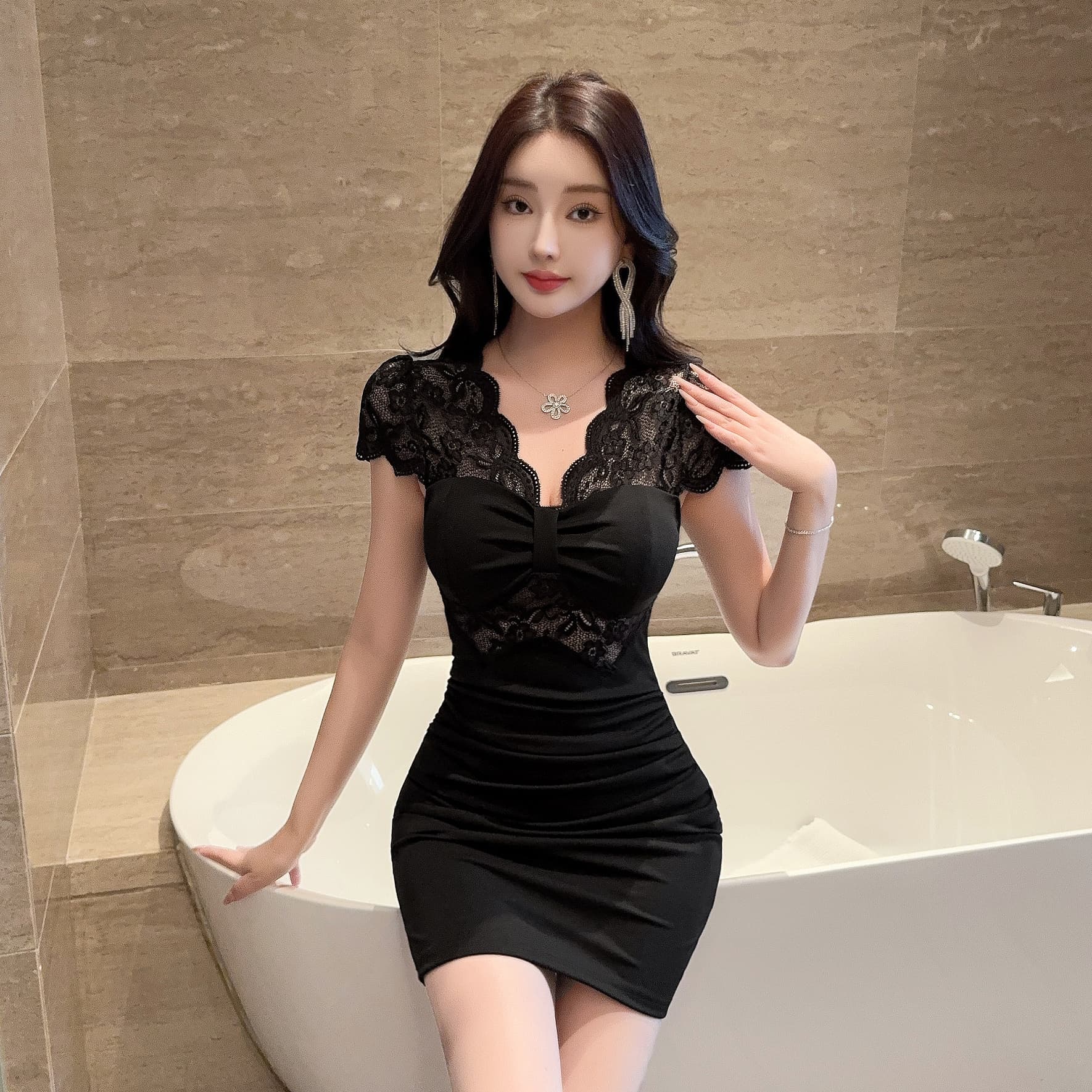 실사 섹시함 반팔 레이스 조각 쇼트 스타일 반팔 드레스 복장 상세 이미지 10