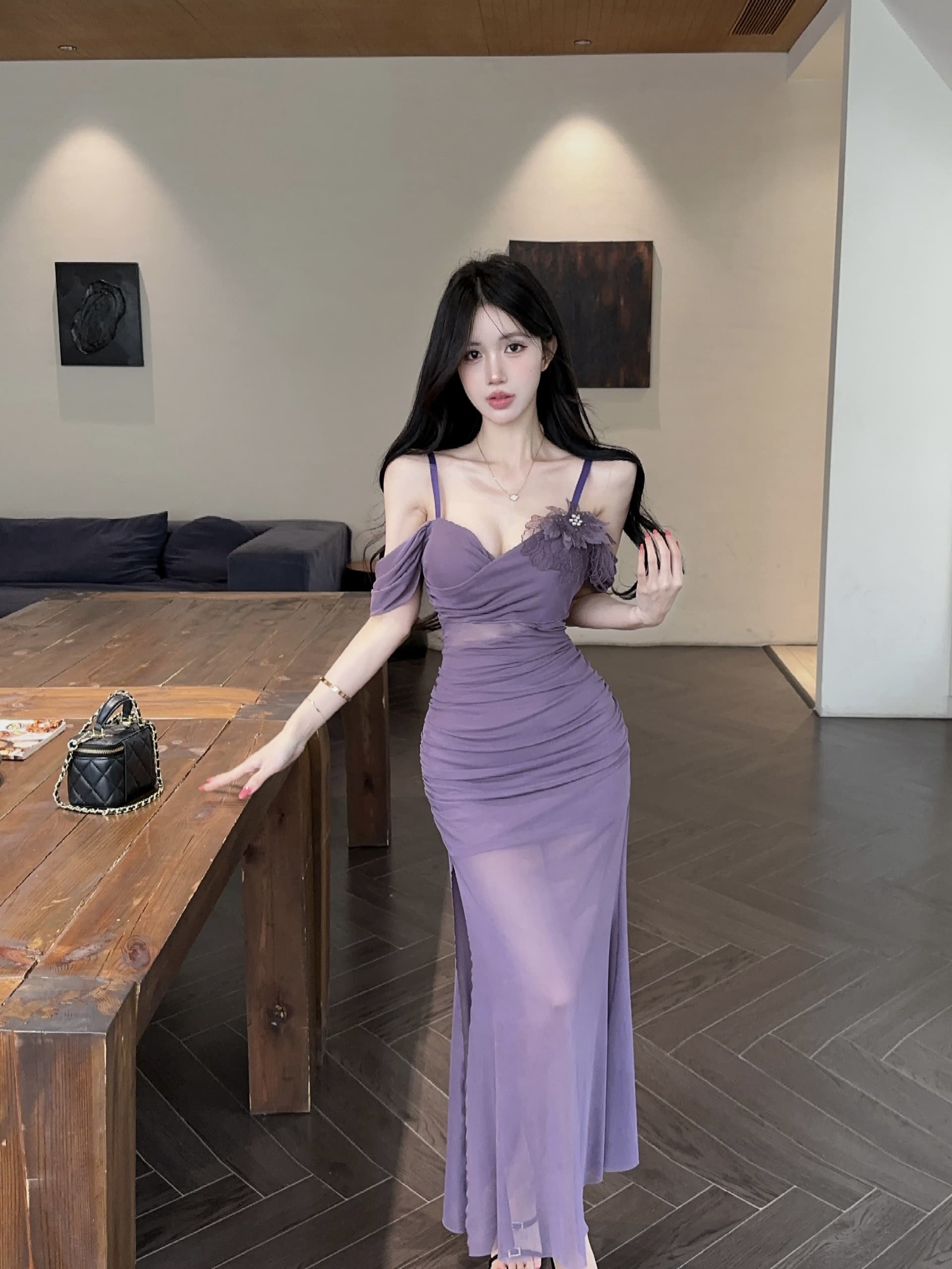 실사 섹시함 반팔 롱 코트 꽃 패치워크 망사 슬립 드레스 상세 이미지 3
