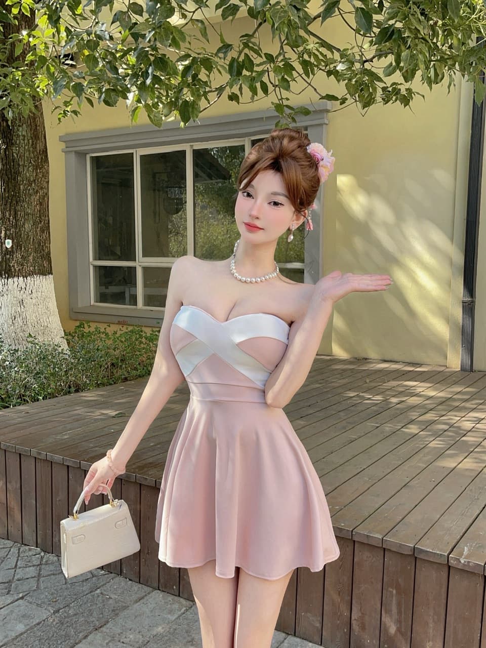 실사 섹시함 낮은 가슴 십자가 튜브탑 큰 진자 드레스 상세 이미지 1