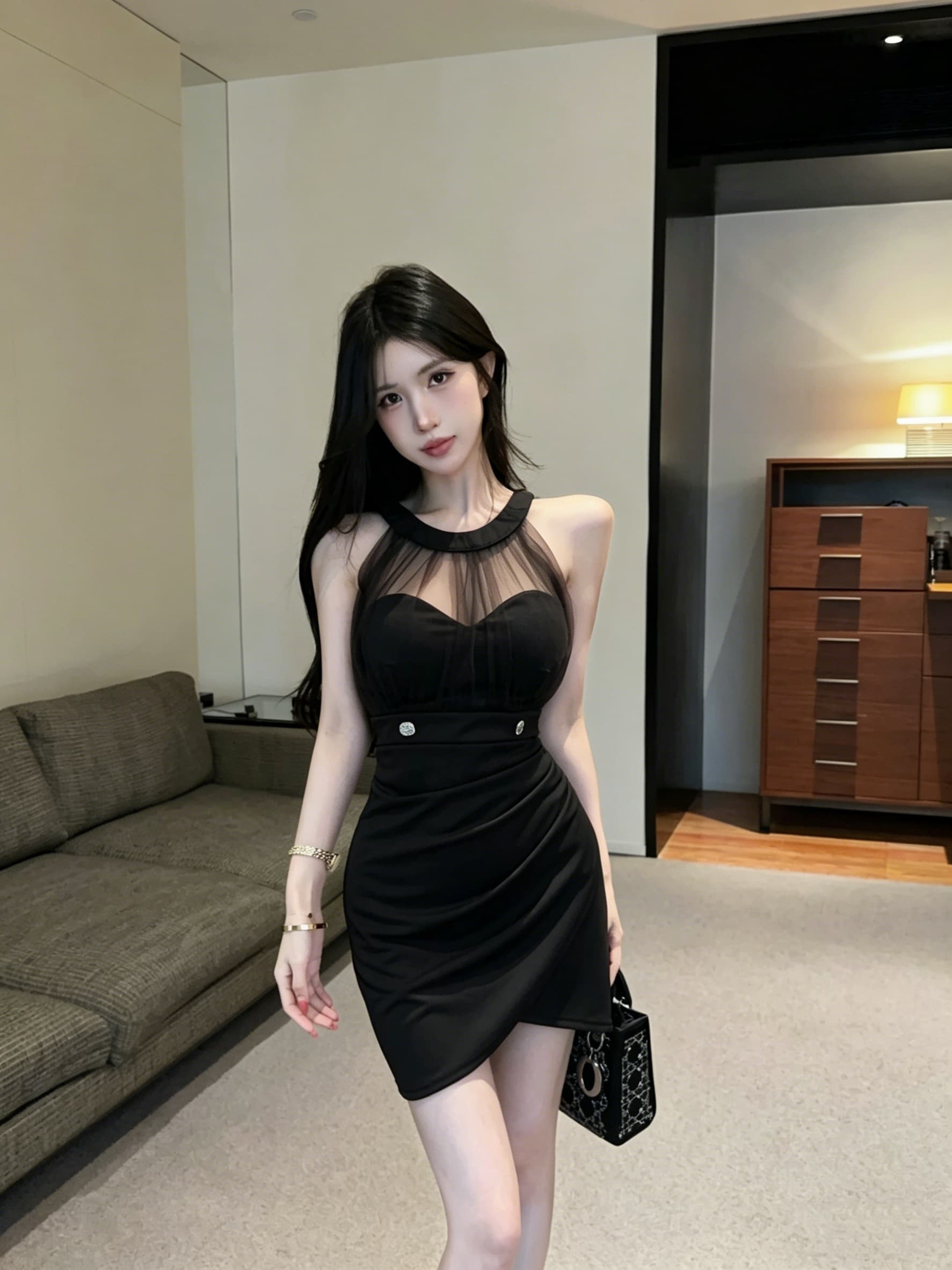 실사 섹시함 망사 패치워크 오프숄더 쇼트 스타일 드레스 상세 이미지 1