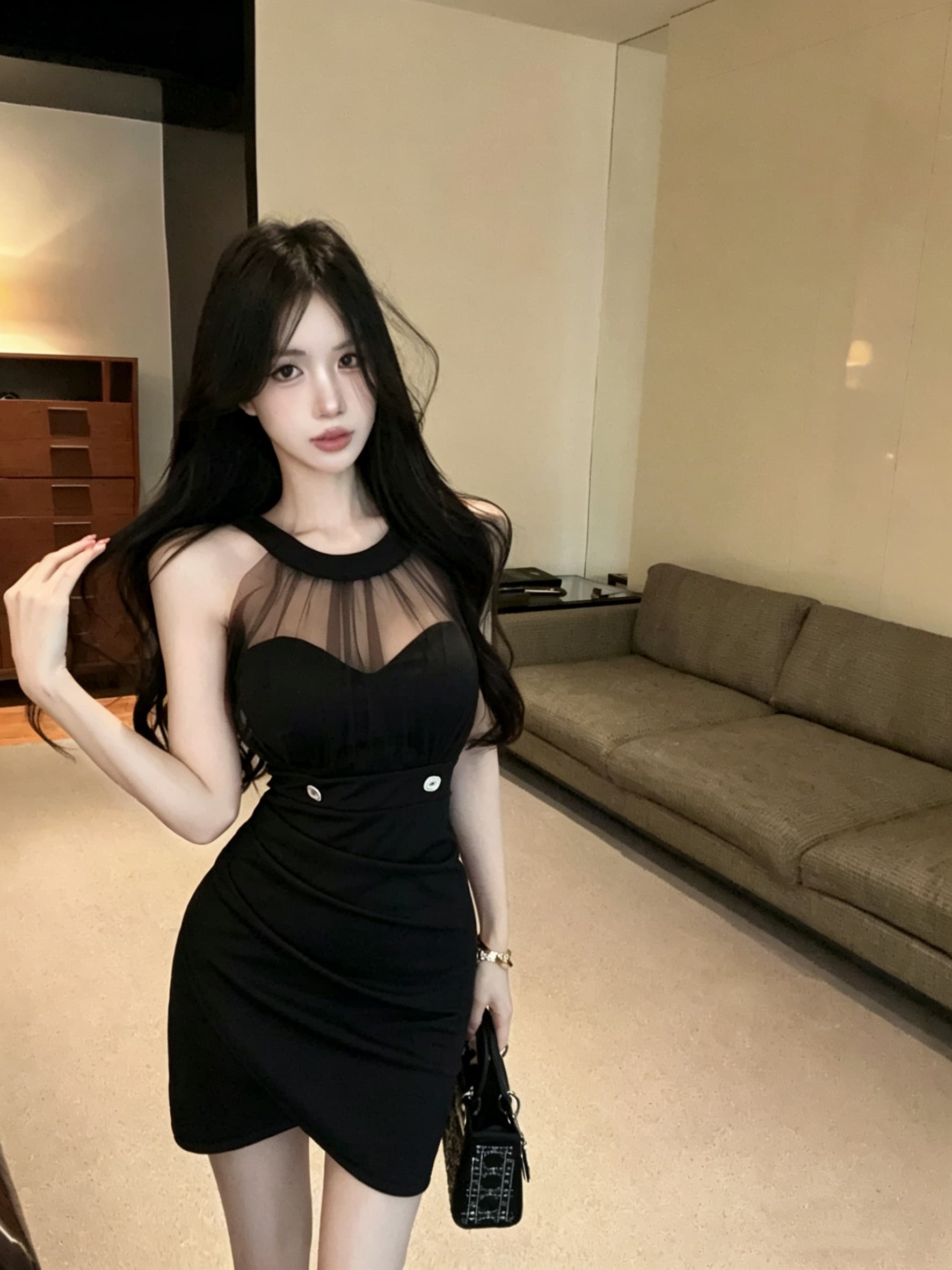 실사 섹시함 망사 패치워크 오프숄더 쇼트 스타일 드레스 상세 이미지 4